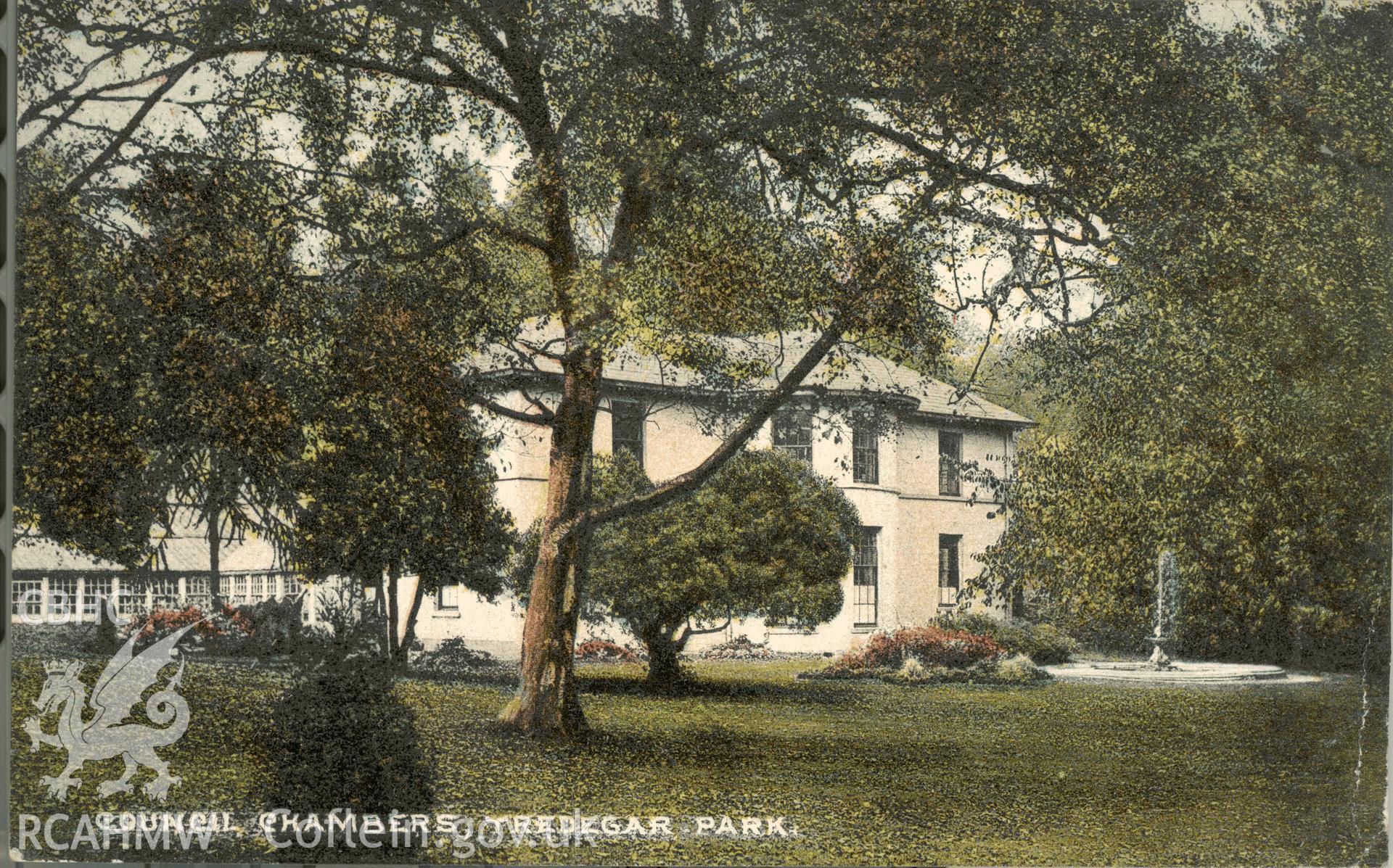 Digitised postcard image of Bedwellty House, Tredegar, E.G. Bowen, 22 Commercial Street, Tredegar. Produced by Parks and Gardens Data Services, from an original item in the Peter Davis Collection at Parks and Gardens UK. We hold only web-resolution images of this collection, suitable for viewing on screen and for research purposes only. We do not hold the original images, or publication quality scans.