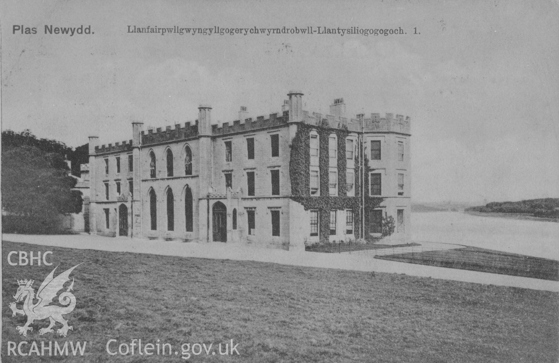 Plas Newydd, Anglesey; B&W photograph copied from a circa 1908 postcard showing a view noted as "before alteration", loaned for copying by Thomas Lloyd.
