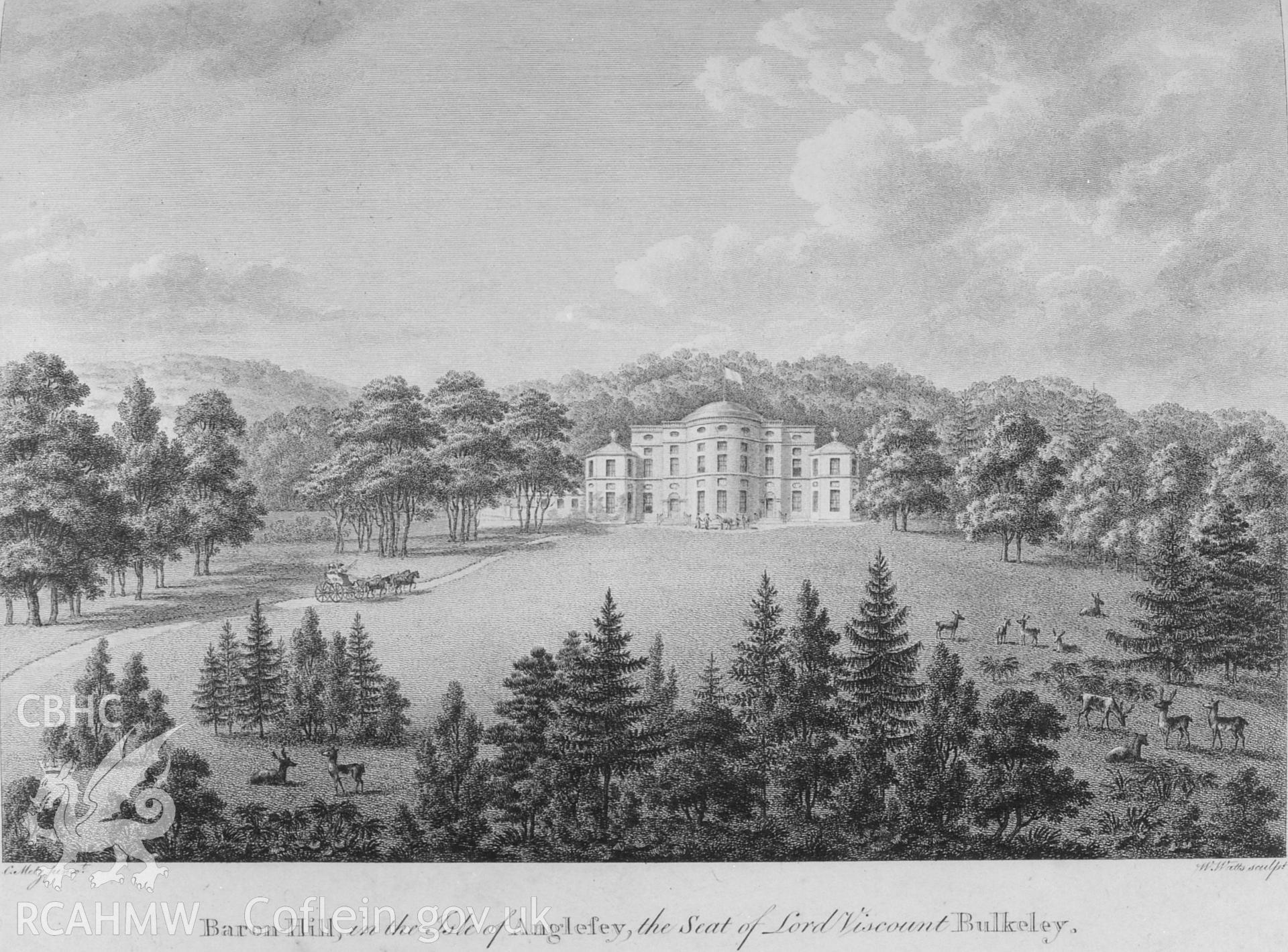 Black and white print showing exterior of Baron Hill, Beaumaris, copied from a postcard loaned by Thomas Lloyd.