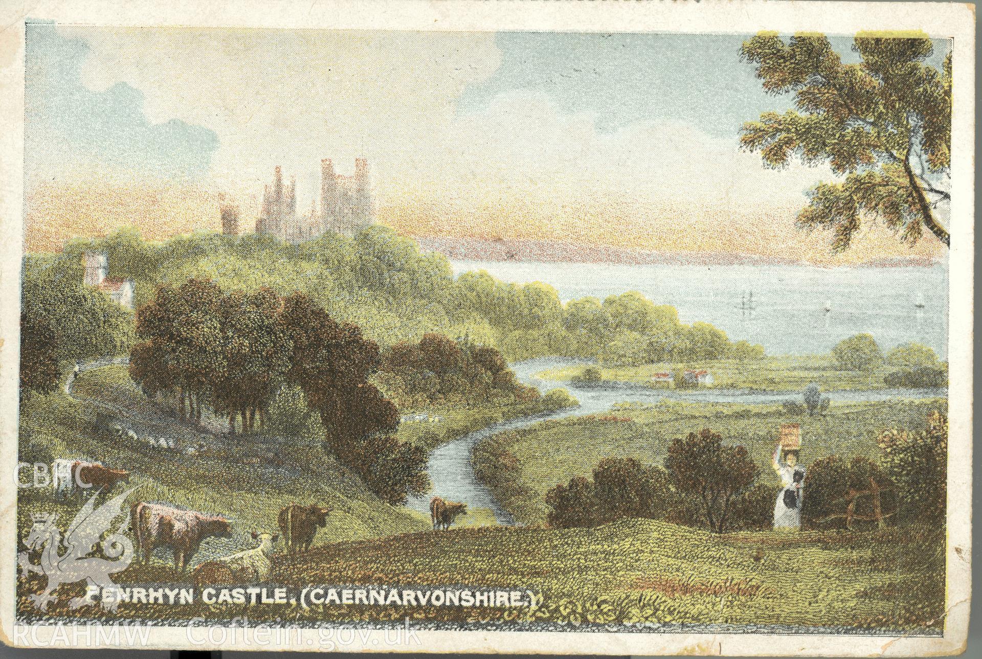 Digitised postcard image of coloured etching of Penrhyn Castle, Bangor. Produced by Parks and Gardens Data Services, from an original item in the Peter Davis Collection at Parks and Gardens UK. We hold only web-resolution images of this collection, suitable for viewing on screen and for research purposes only. We do not hold the original images, or publication quality scans.