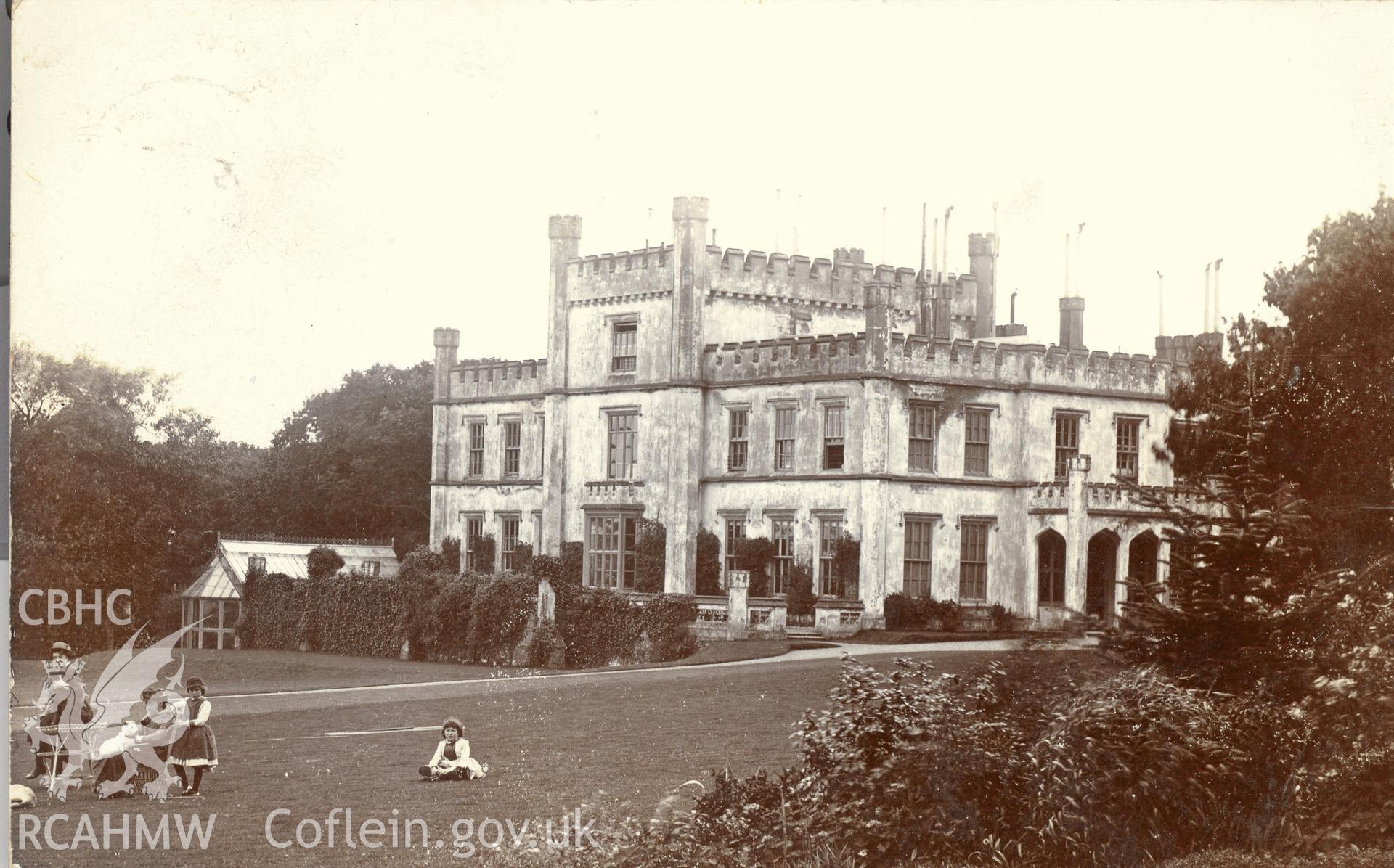 Digitised postcard image of St Brides Castle. Produced by Parks and Gardens Data Services, from an original item in the Peter Davis Collection at Parks and Gardens UK. We hold only web-resolution images of this collection, suitable for viewing on screen and for research purposes only. We do not hold the original images, or publication quality scans.