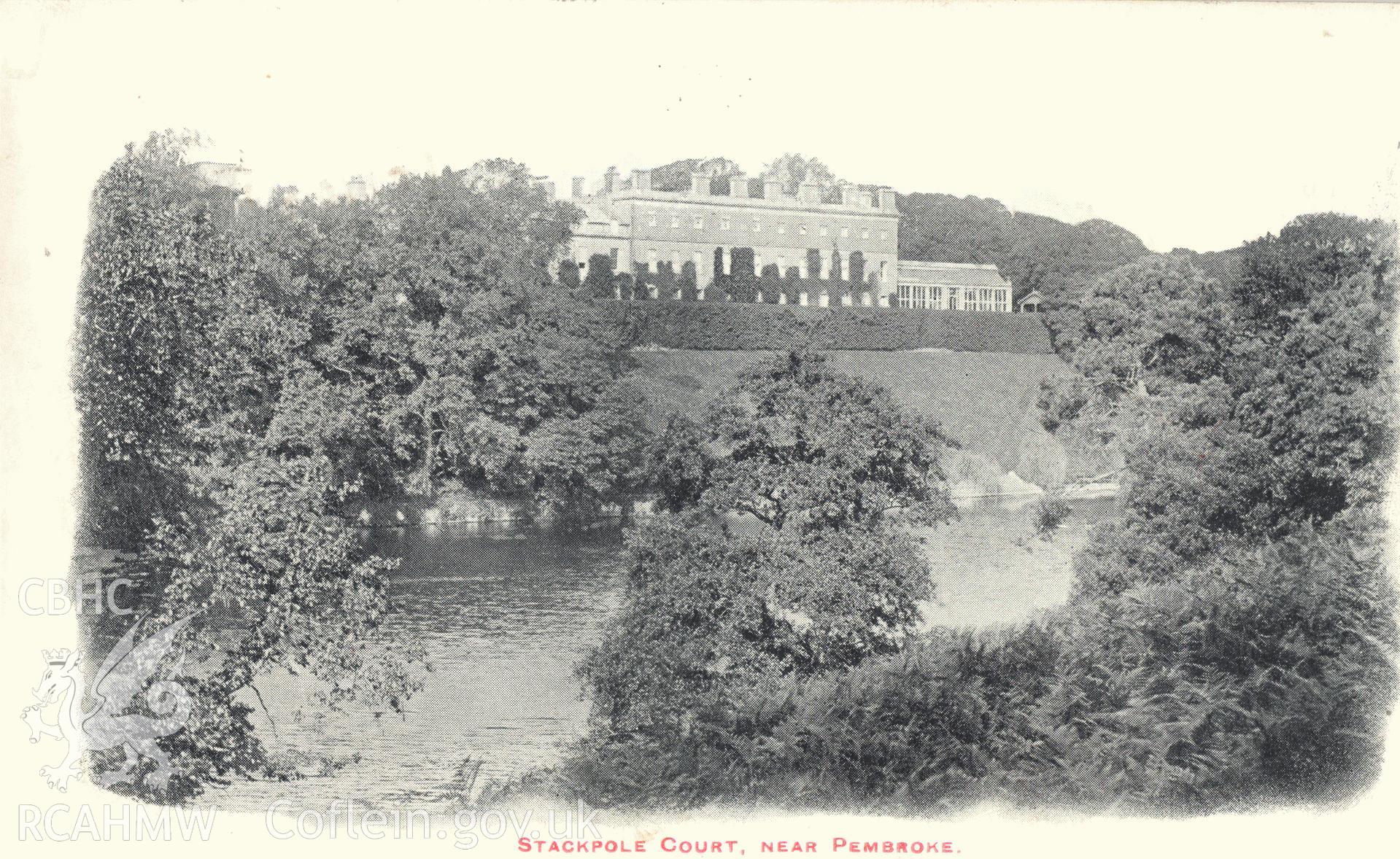 Digitised postcard image of Stackpole Court, Stackpole. Produced by Parks and Gardens Data Services, from an original item in the Peter Davis Collection at Parks and Gardens UK. We hold only web-resolution images of this collection, suitable for viewing on screen and for research purposes only. We do not hold the original images, or publication quality scans.