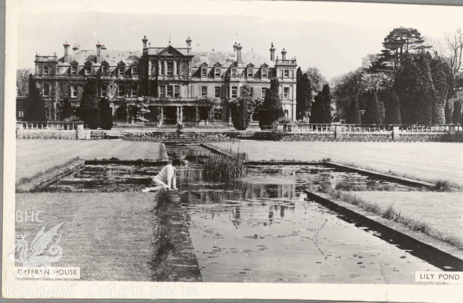 Digitised postcard image of Dyffryn house with lily pond, St Nicholas and Bonvilston. Produced by Parks and Gardens Data Services, from an original item in the Peter Davis Collection at Parks and Gardens UK. We hold only web-resolution images of this collection, suitable for viewing on screen and for research purposes only. We do not hold the original images, or publication quality scans.