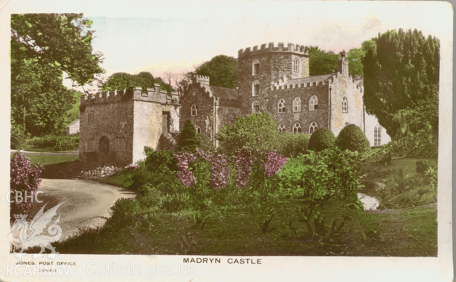 Digitised postcard image of Madryn Castle, Buan, Jones, Post Office, Dinas. Produced by Parks and Gardens Data Services, from an original item in the Peter Davis Collection at Parks and Gardens UK. We hold only web-resolution images of this collection, suitable for viewing on screen and for research purposes only. We do not hold the original images, or publication quality scans.