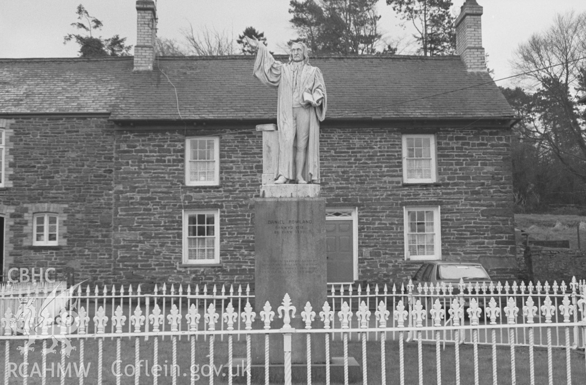 Exterior, chapel house with statue of Daniel Rowlands. NA/CD/97/008