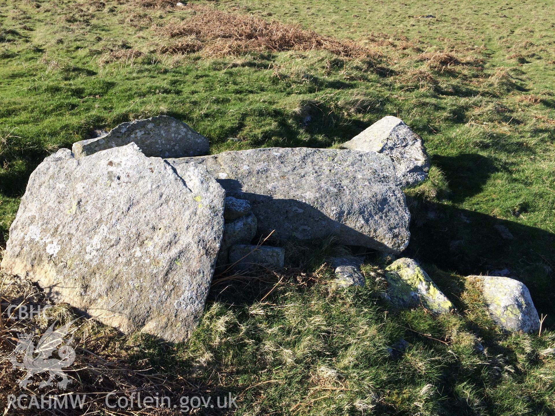 Colour photo showing burial chamber near Maen y Bardd,  produced by Paul R. Davis,  8th April 2017.