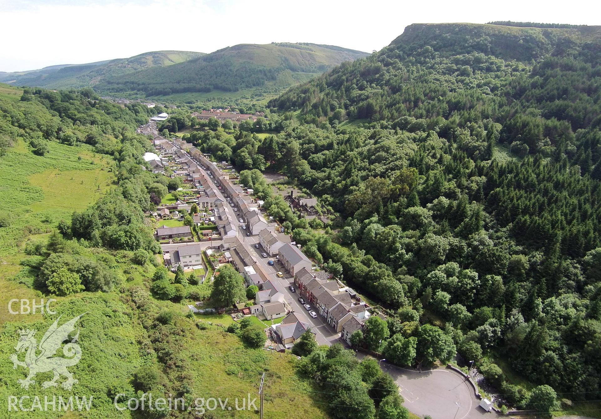 Colour aerial photo showing Blaenrhondda, taken by Paul R. Davis, 10th July 2015.