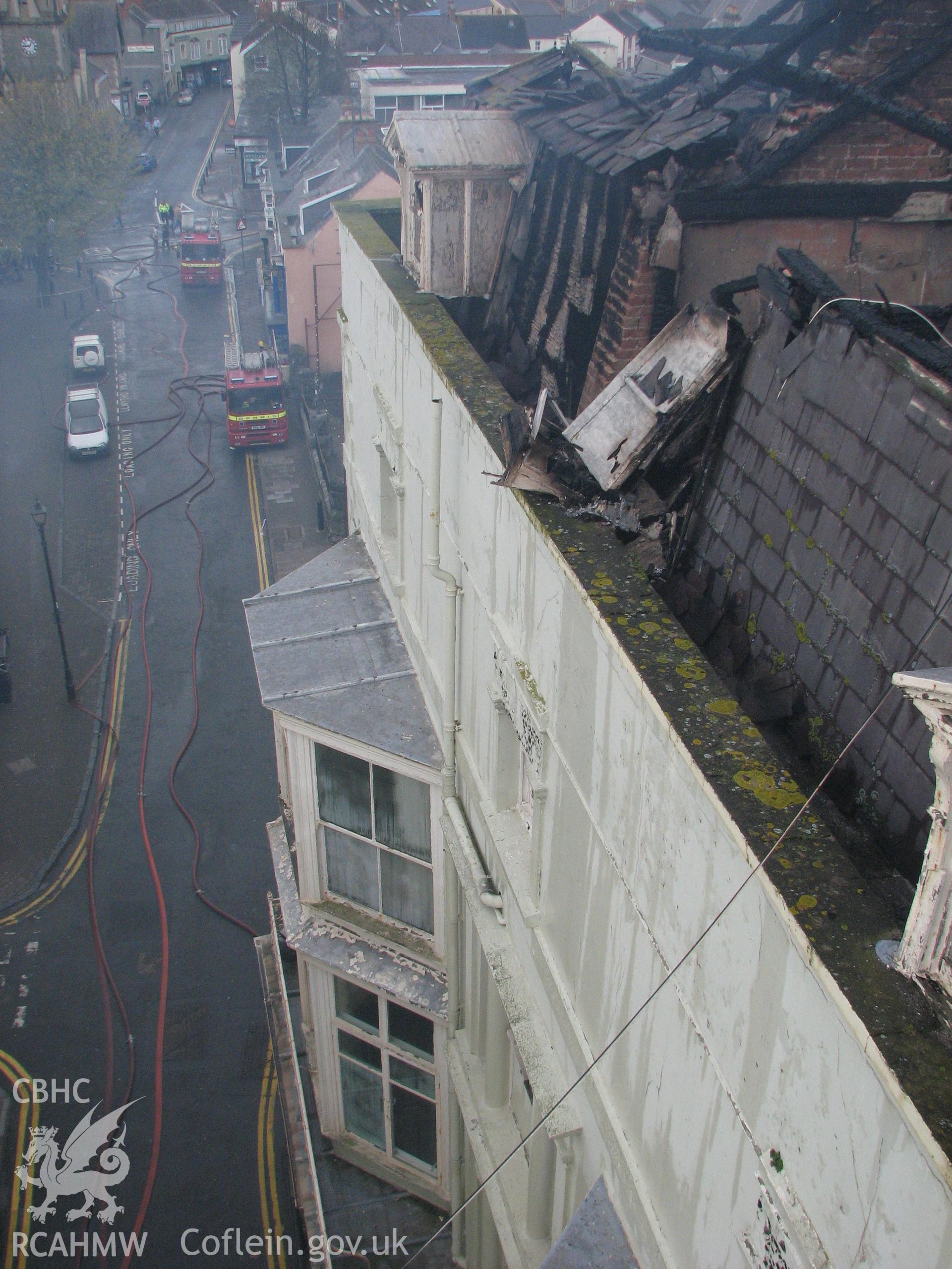 Colour digital photograph showing the damage caused by fire to the exterior of the Royal Gatehouse Hotel.