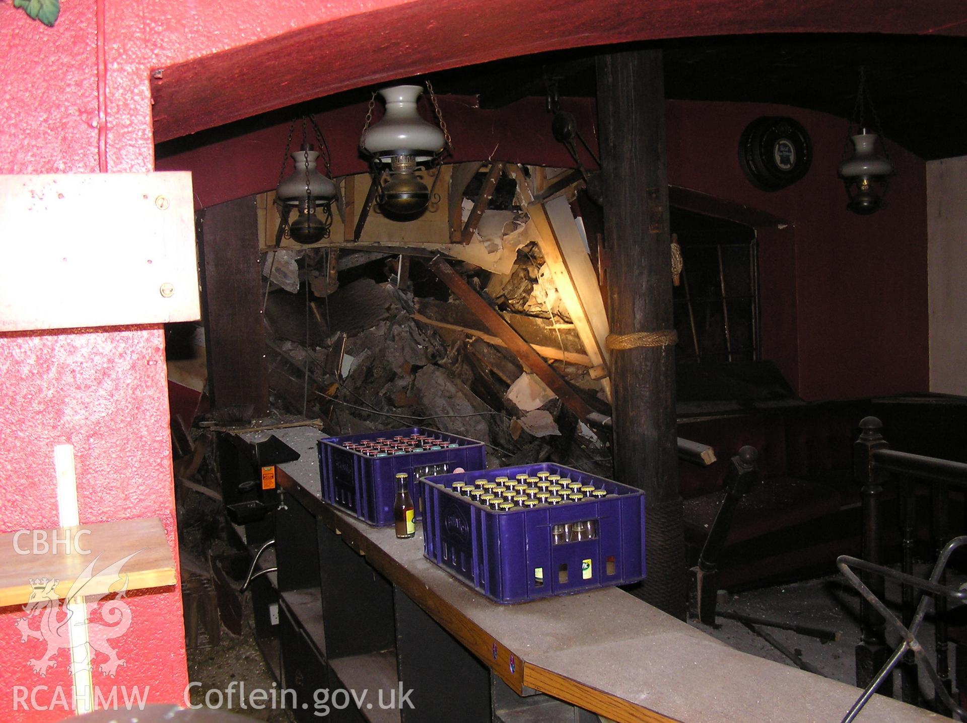 Colour digital photograph showing the damage caused by fire to the interior of the Royal Gatehouse Hotel.
