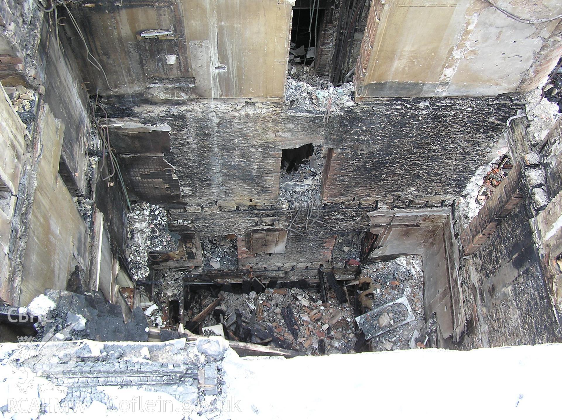 Colour digital photograph showing the damage caused by fire to the interior of the Royal Gatehouse Hotel.