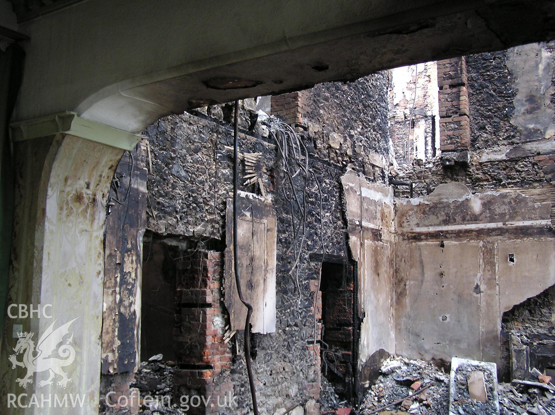 Colour digital photograph showing the damage caused by fire to the Royal Gatehouse Hotel.