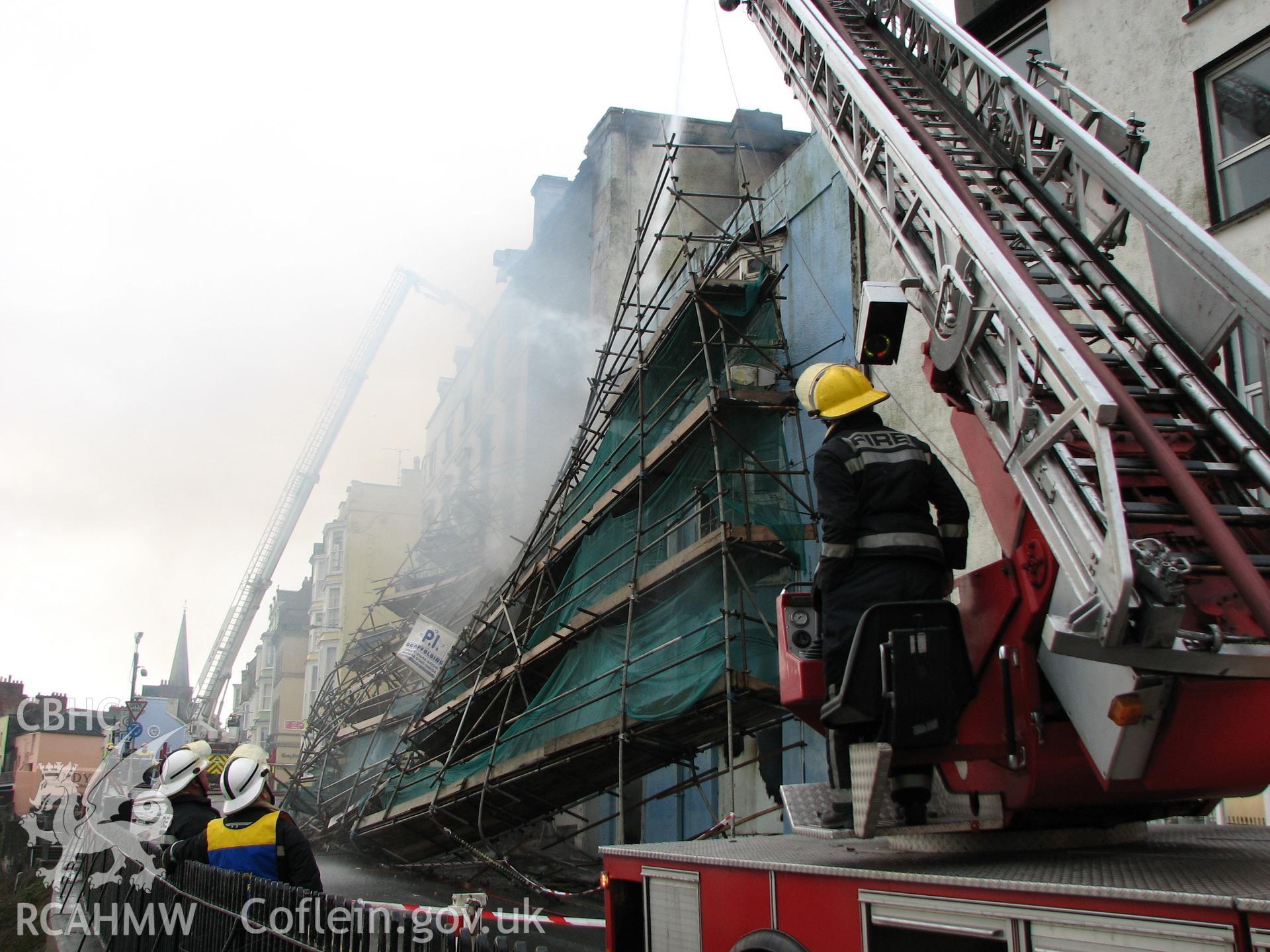 Colour digital photograph showing the fire at the Royal Gatehouse Hotel being extinguished.