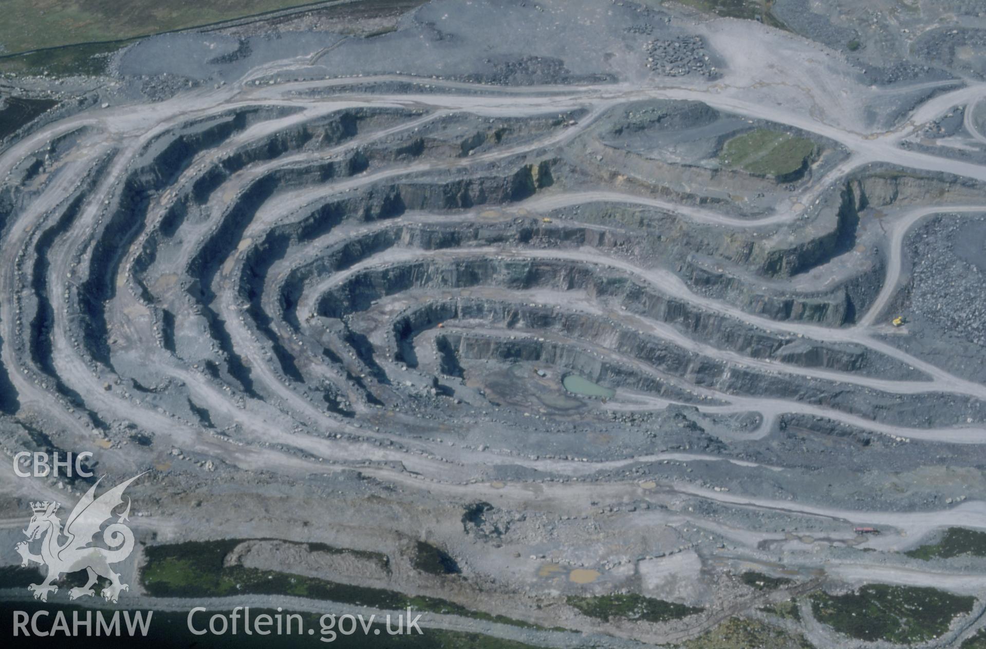 Slide of RCAHMW colour oblique aerial photograph of Penrhyn Slate Quarry, taken by C.R. Musson, 2/5/1994.