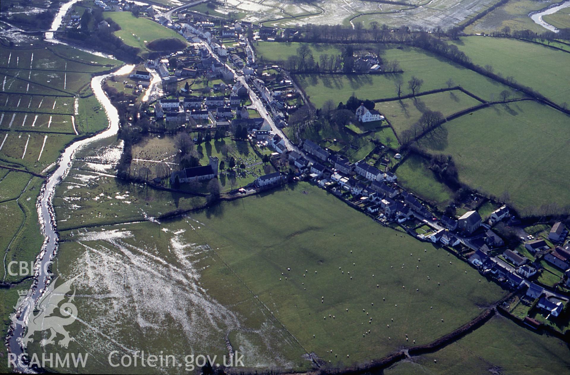 Slide of RCAHMW colour oblique aerial photograph of St Clears;rhydygors, taken by C.R. Musson, 7/2/1997.