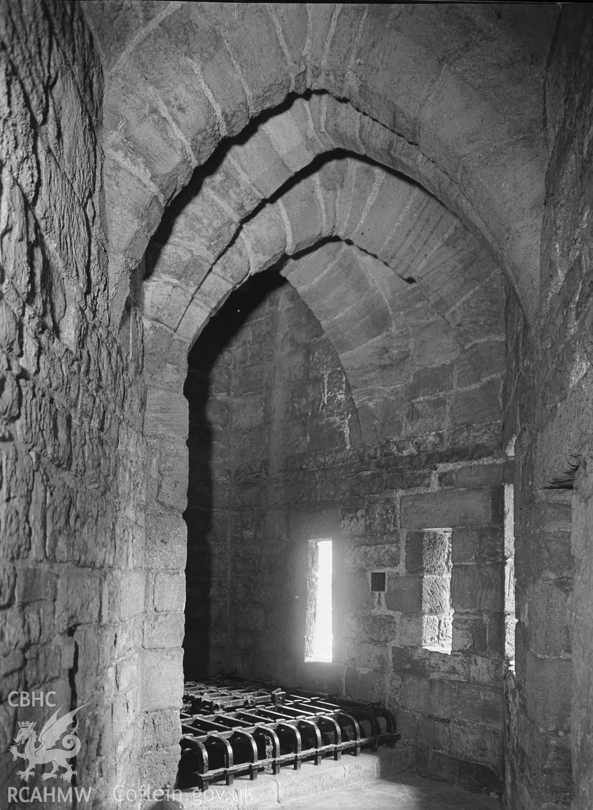 Interior view showing three arches in the Granary Tower.
