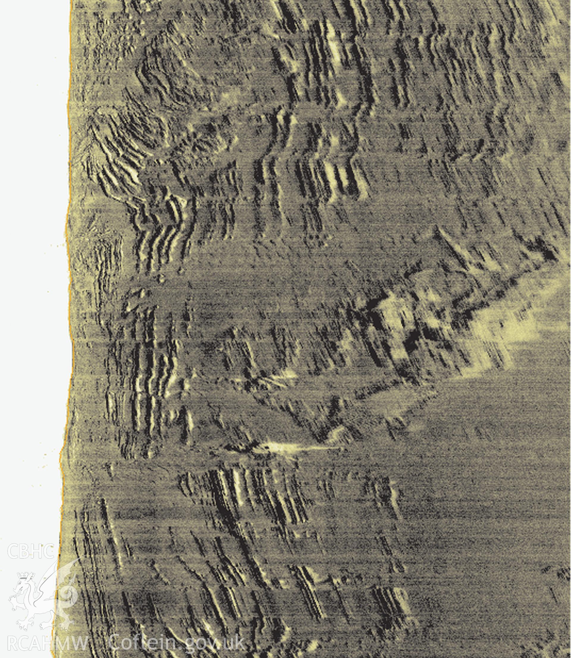 Side scan sonar image of the St Jacques gathered by Wessex Archaeology  and published in Wrecks off the Coast of Wales, November 2010, Report Ref No : 53111.02,  fig 11 D.7021. Viewed from one direction a mast appears visible lying on the seabed