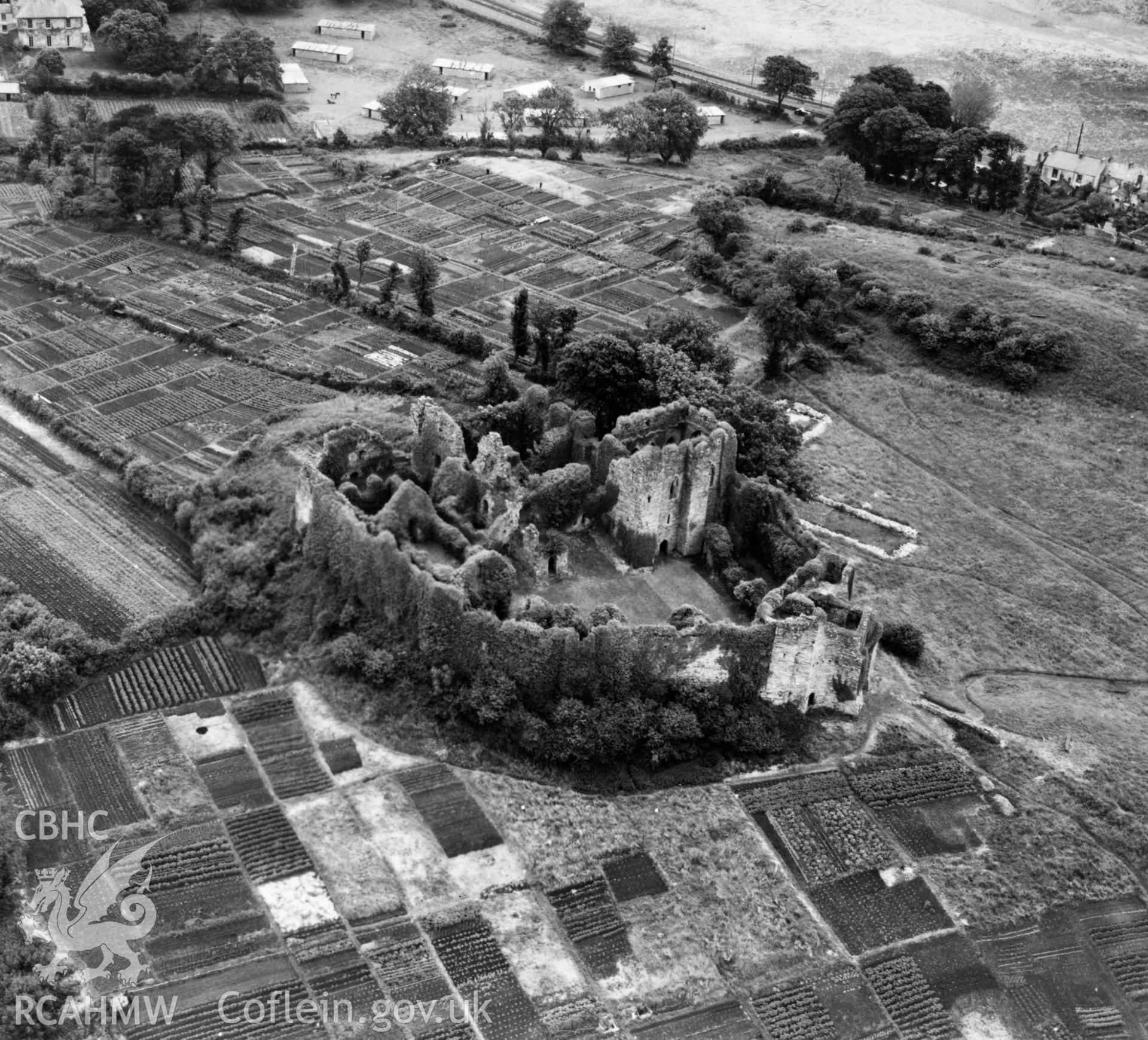 View of Oystermouth Castle showing allotments. Oblique aerial photograph, 5?" cut roll film.