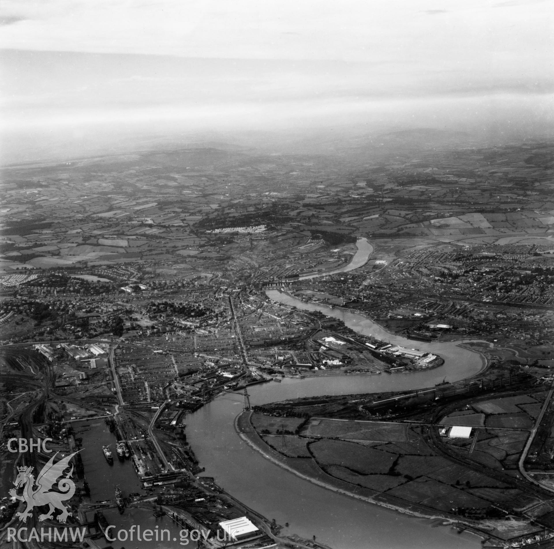 Distant view of Newport from the south. Oblique aerial photograph, 5?" cut roll film.