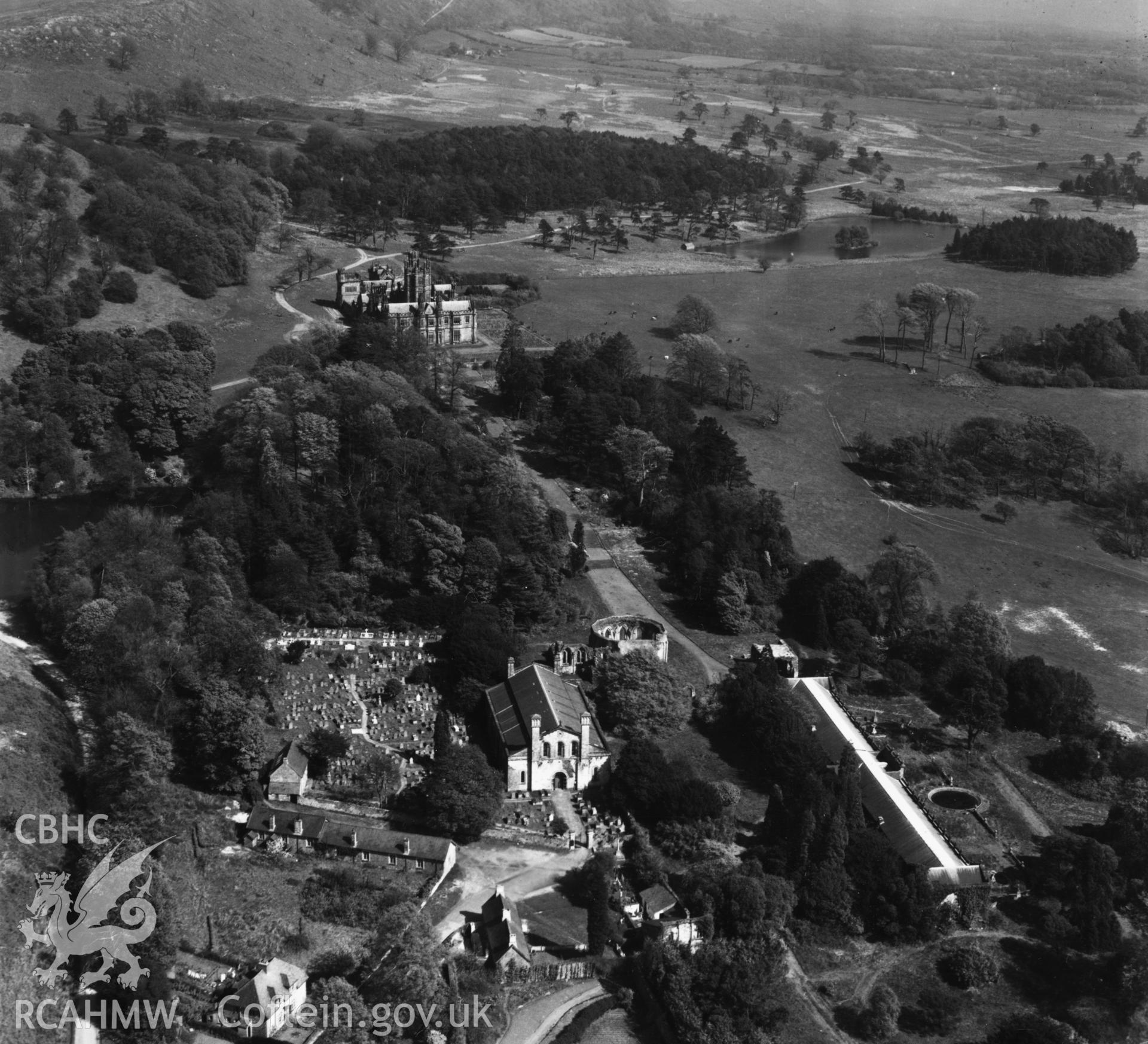 View of Margam Park showing St Mary's church and graveyard, orangery and chapter house ruins. Oblique aerial photograph, 5?" cut roll film.