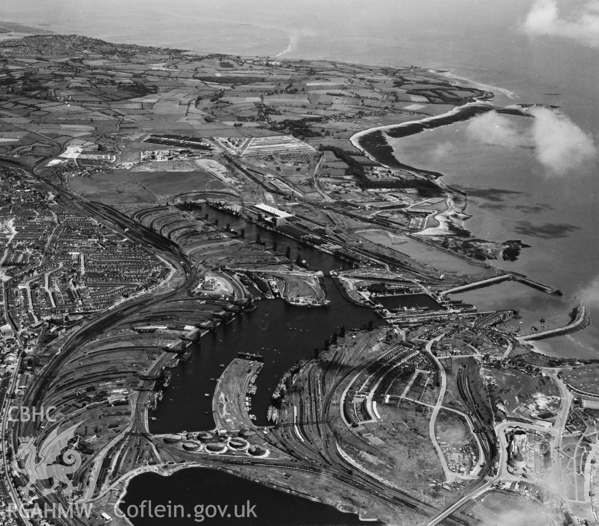 General view of Barry docks. Oblique aerial photograph, 5?" cut roll film.