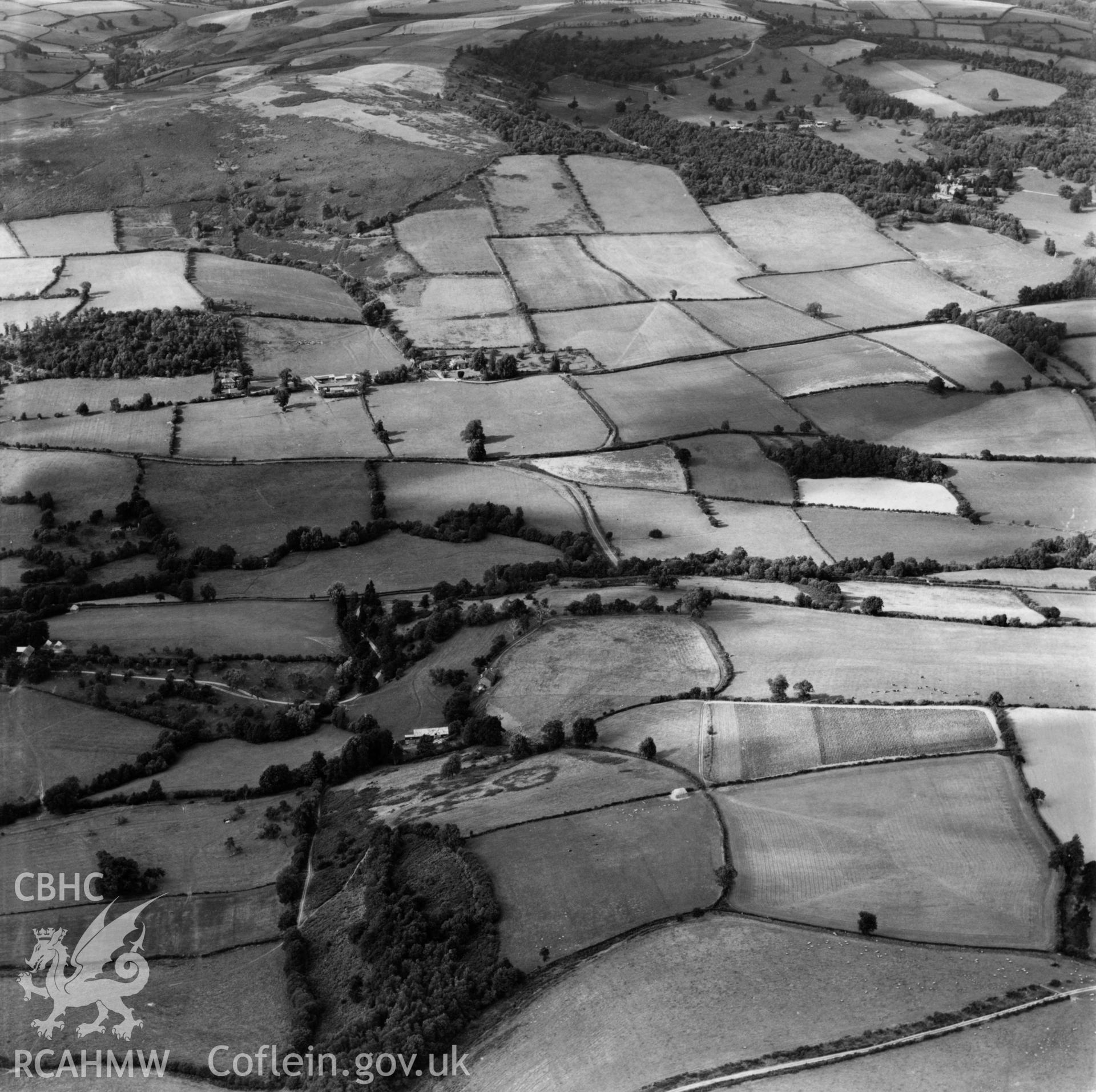 View of Rodd, Lugg Valley, looking west, commissioned by Lord Renner. Oblique aerial photograph, 5?" cut roll film.