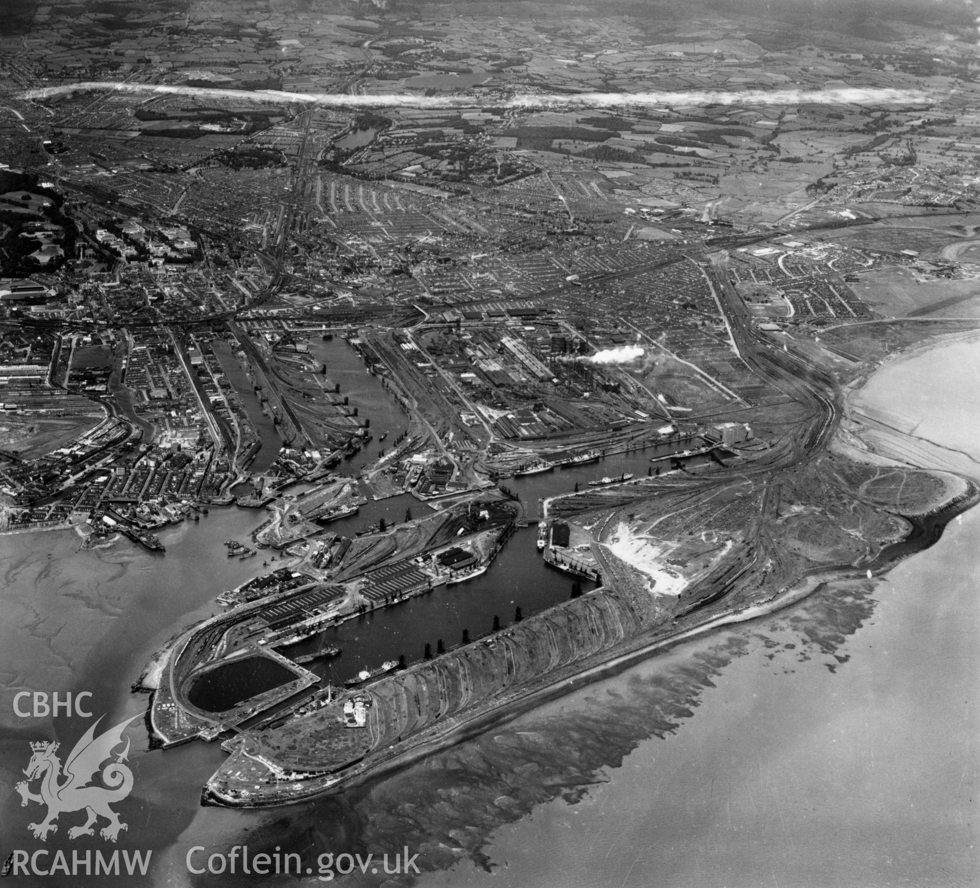 Distant view of Cardiff docks. Oblique aerial photograph, 5?" cut roll film.