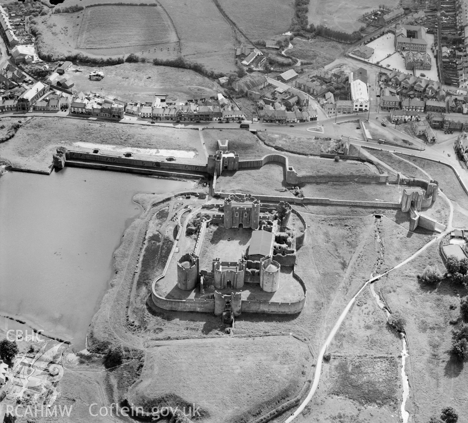 View of Caerphilly showing castle. Oblique aerial photograph, 5?" cut roll film.