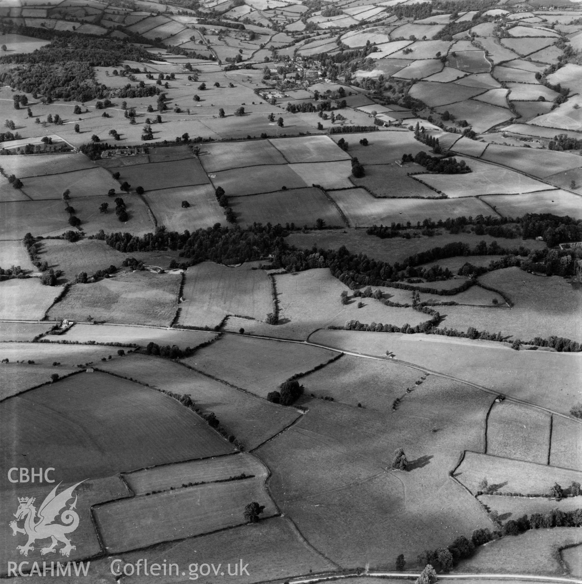View of Rodd, Lugg Valley, looking west, commissioned by Lord Renner. Oblique aerial photograph, 5?" cut roll film.