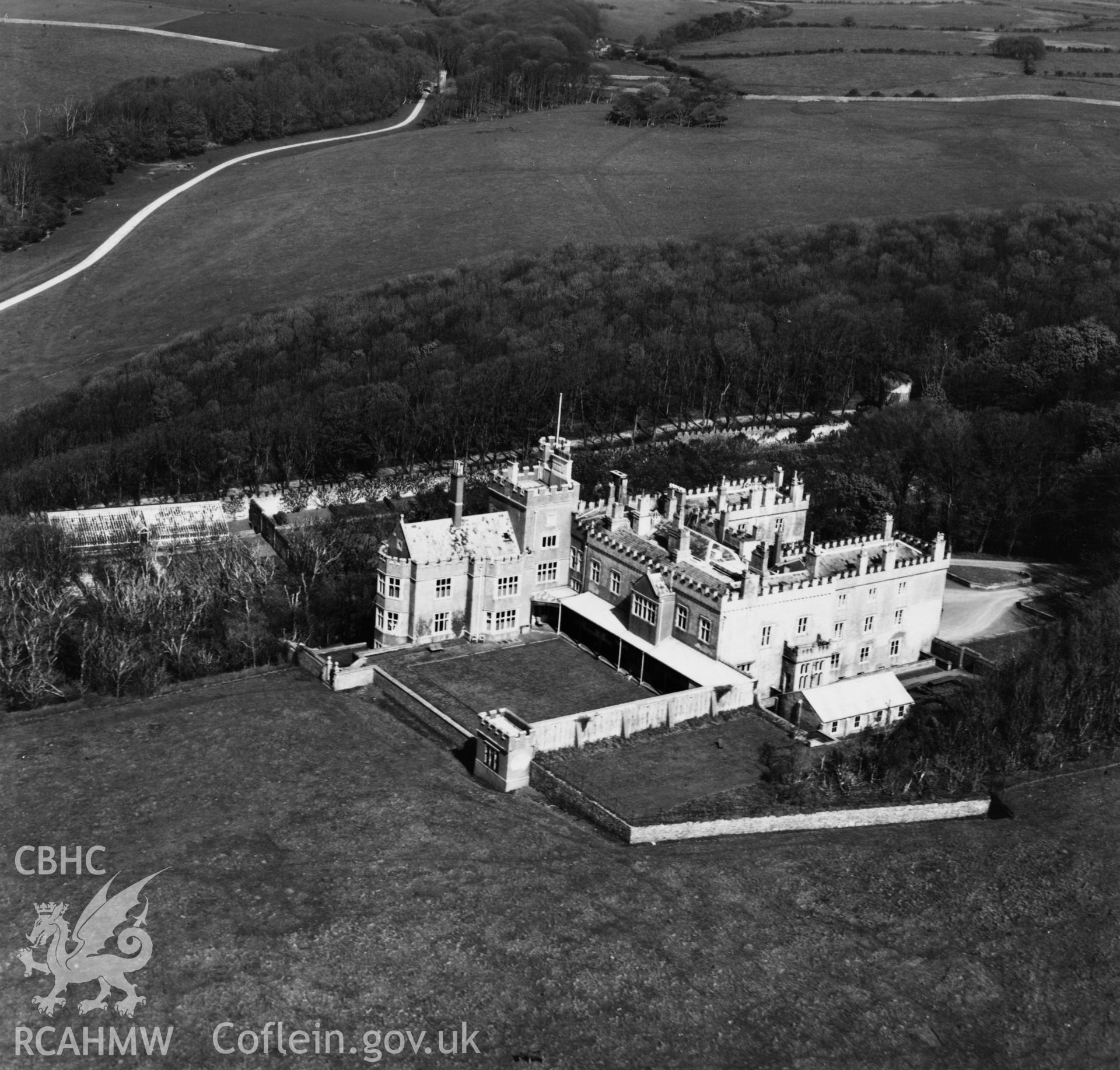 View of Dunraven Castle and gardens. Oblique aerial photograph, 5?" cut roll film.