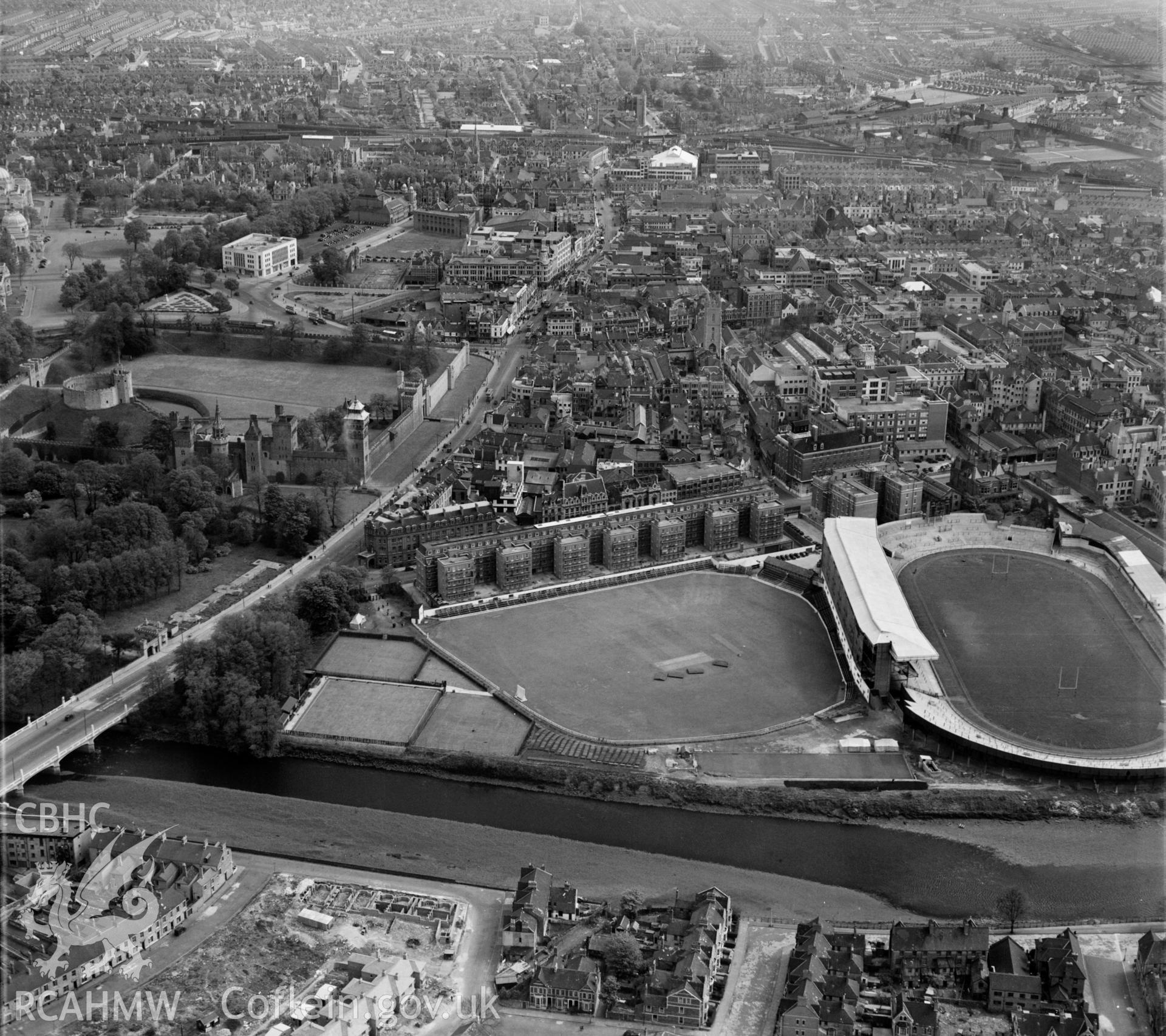 View of Cardiff showing the Arms Park rugby & cricket grounds