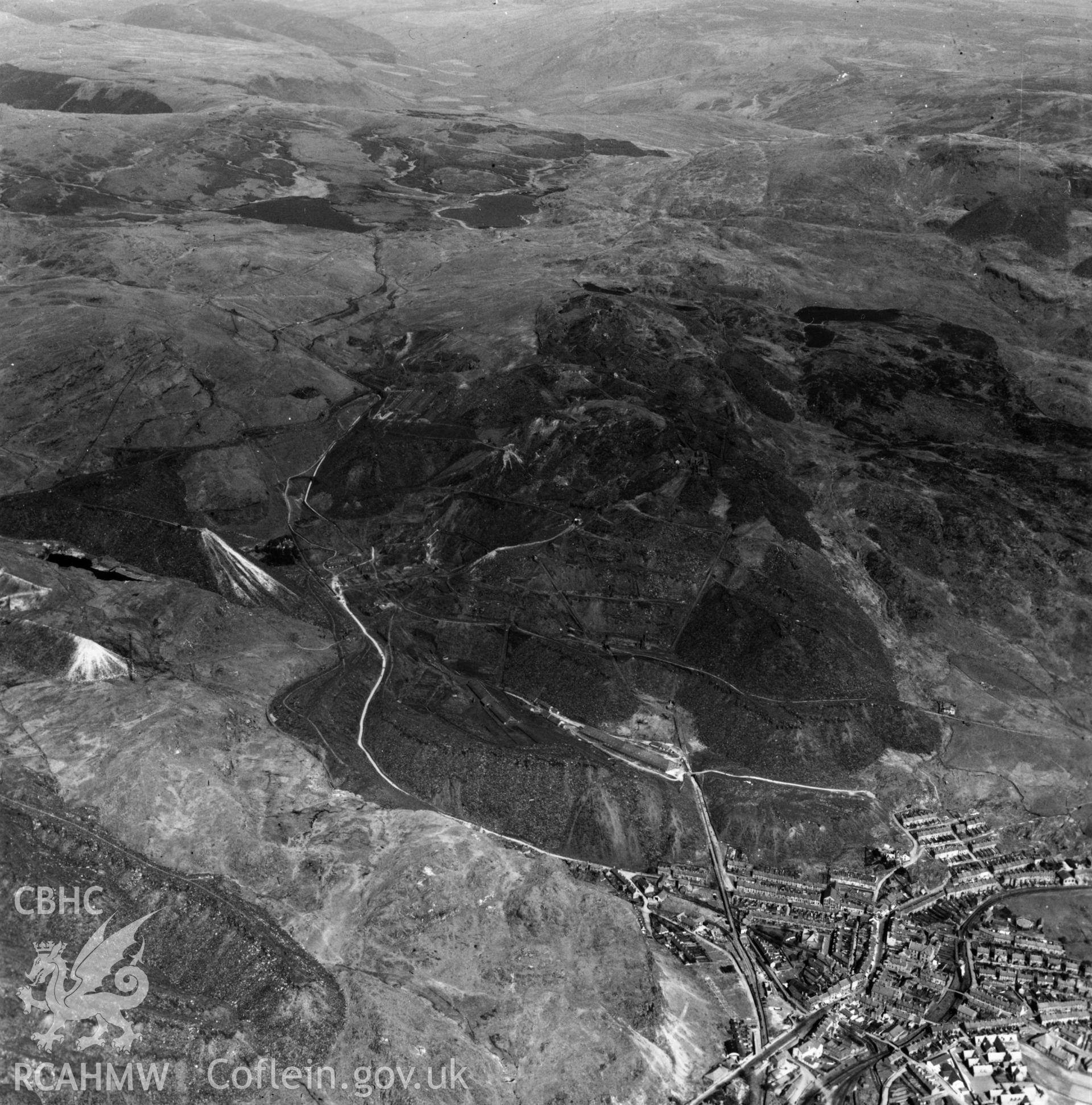 View of Oakley Slate quarries Co. Ltd., showing Blaenau Ffestiniog in foreground. Oblique aerial photograph, 5?" cut roll film.