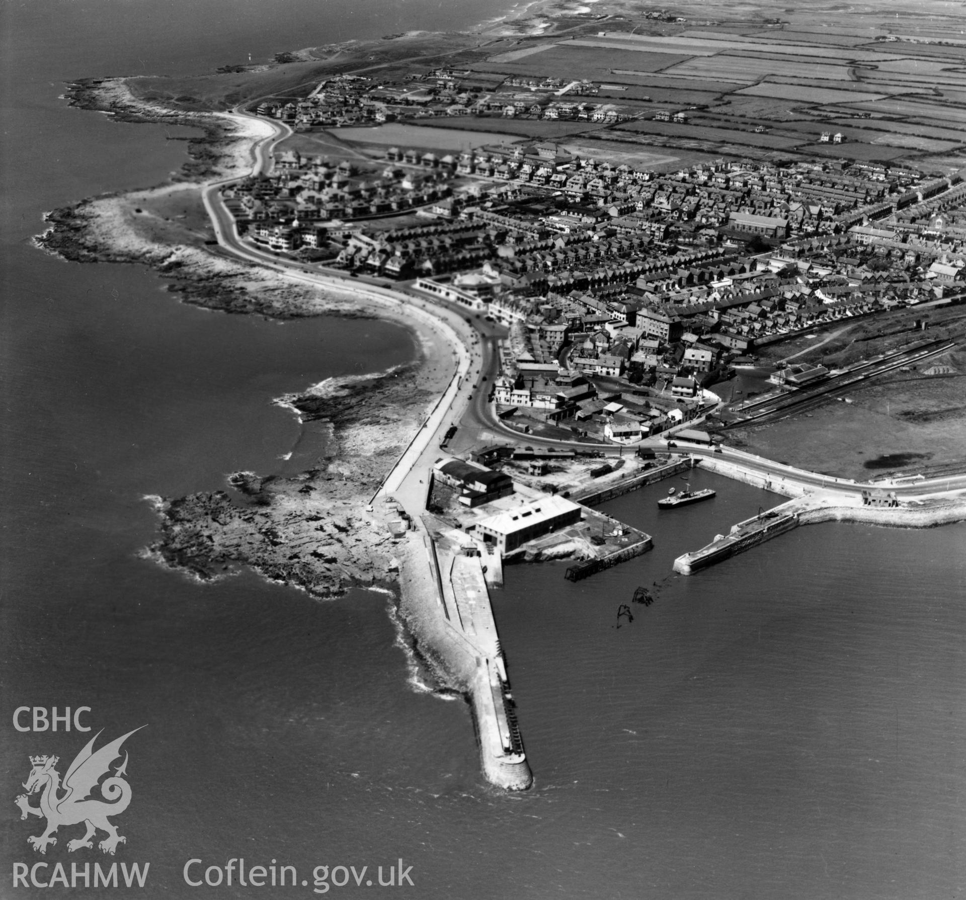 View of Porthcawl showing, harbour, dock and cinema. Oblique aerial photograph, 5?" cut roll film.