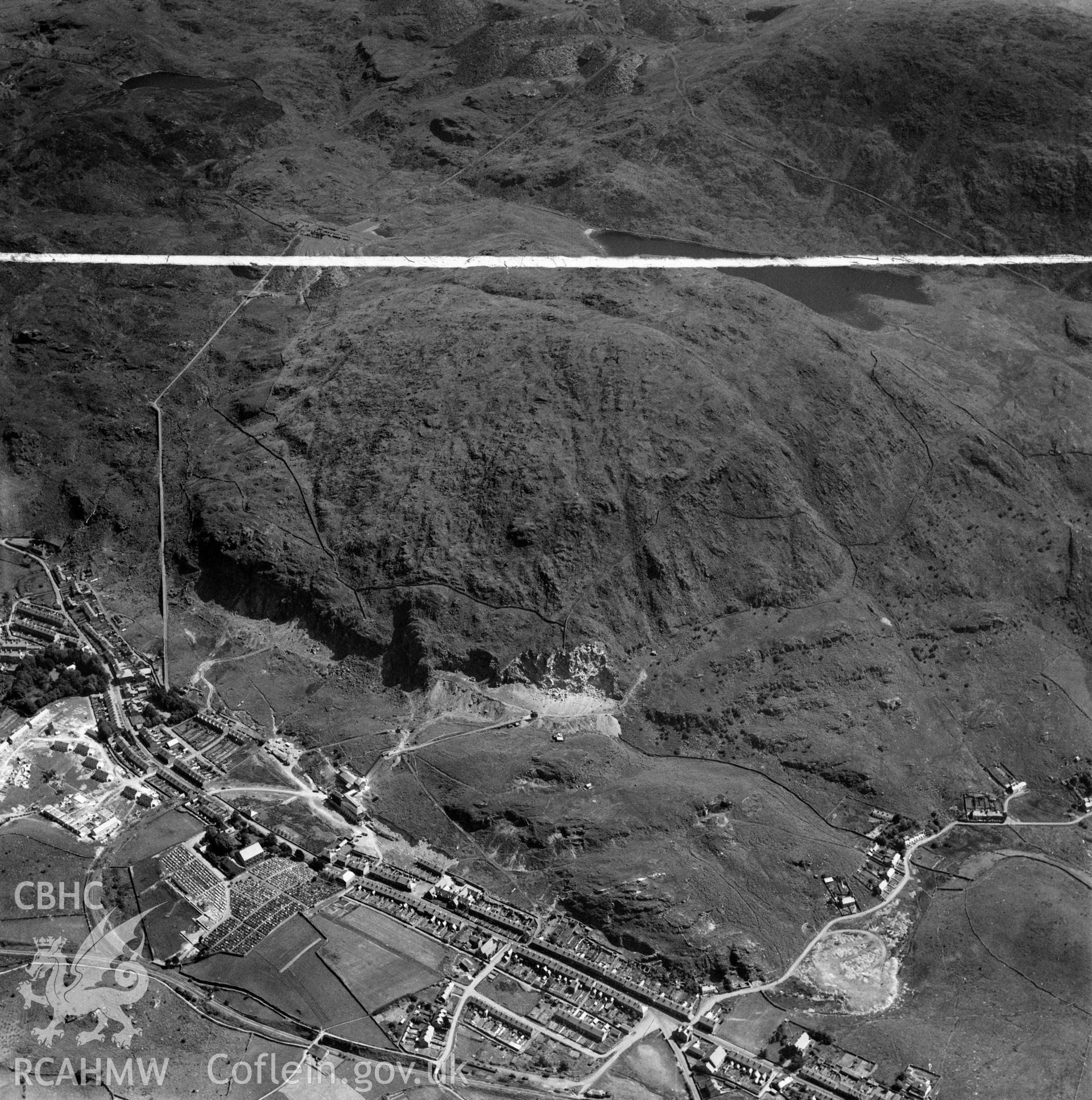 View of Madoc quarry, Blaenau Ffestiniog, commissioned by Cawood Wharton & Co. Ltd.. Oblique aerial photograph, 5?" cut roll film.
