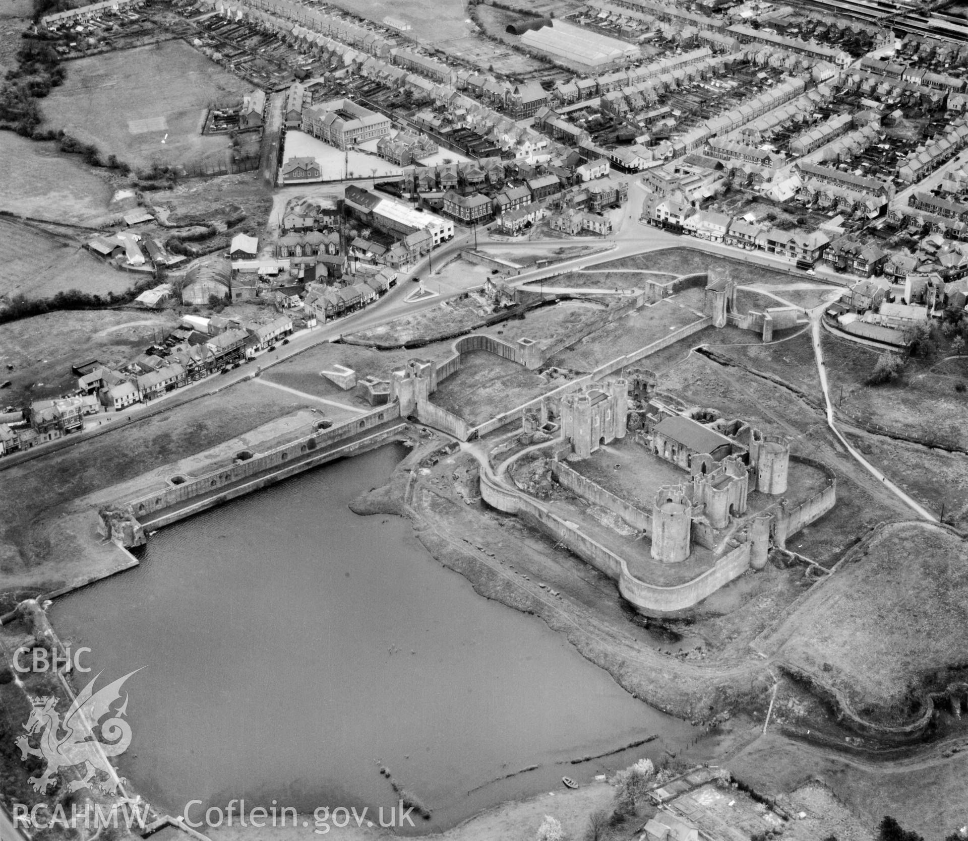 View of Caerphilly showing castle and school