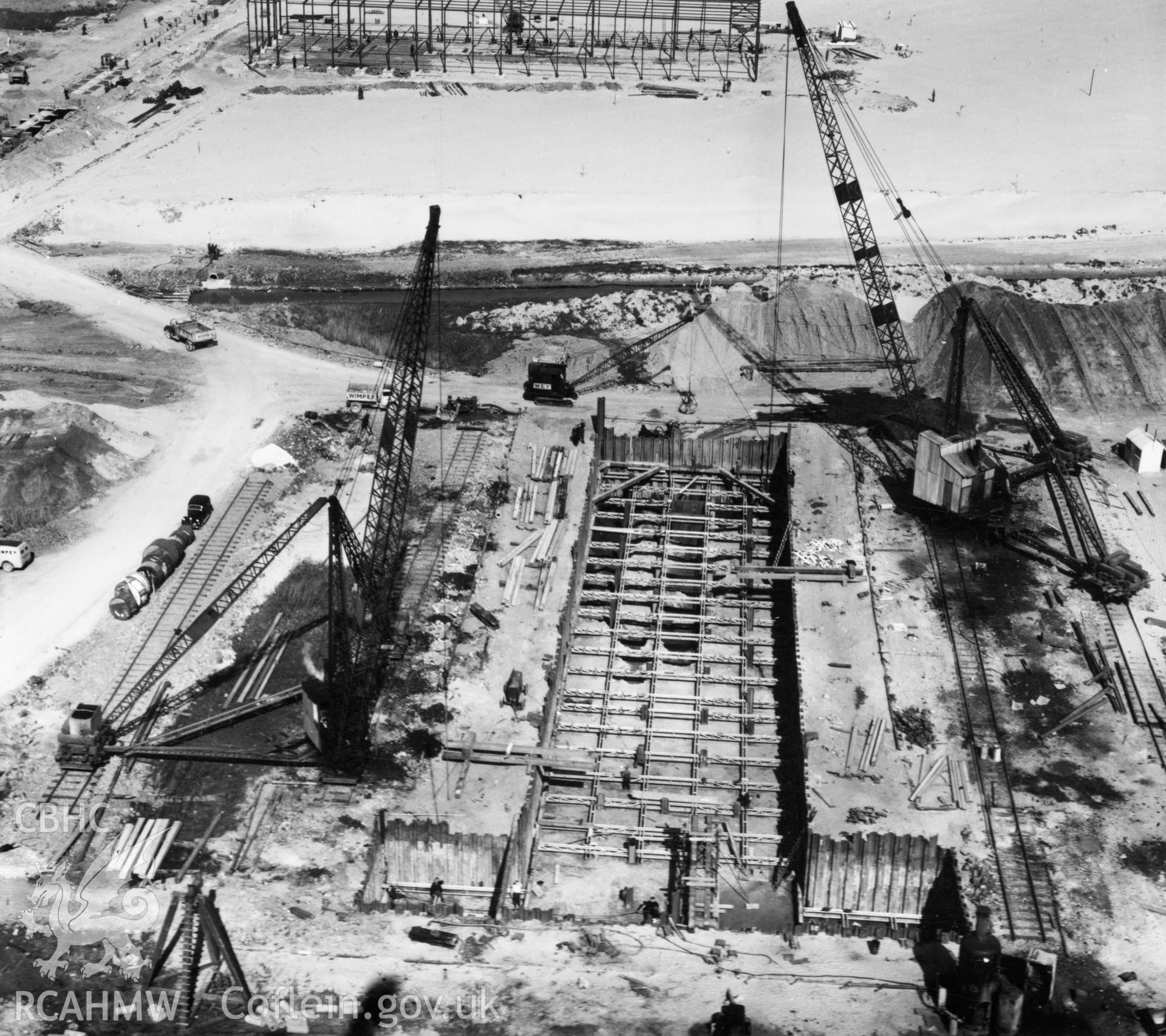 View of Abbey Steelworks, Port Talbot, under construction. Oblique aerial photograph, 5?" cut roll film.