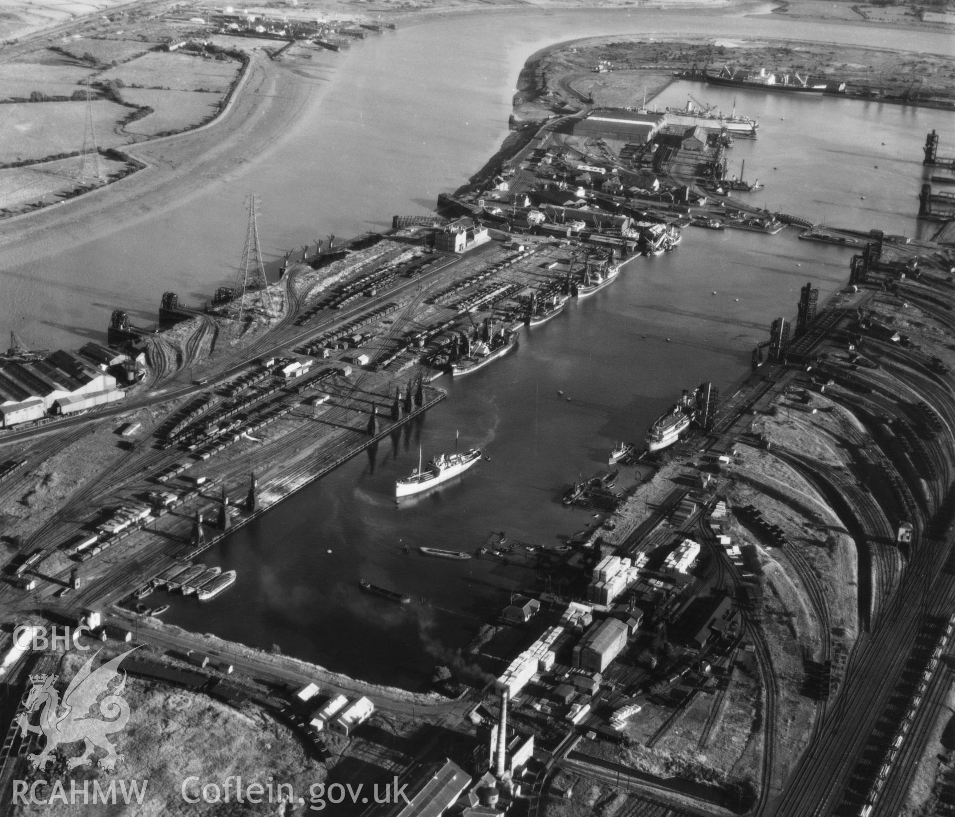 View of North Dock, Newport. Oblique aerial photograph, 5?" cut roll film.