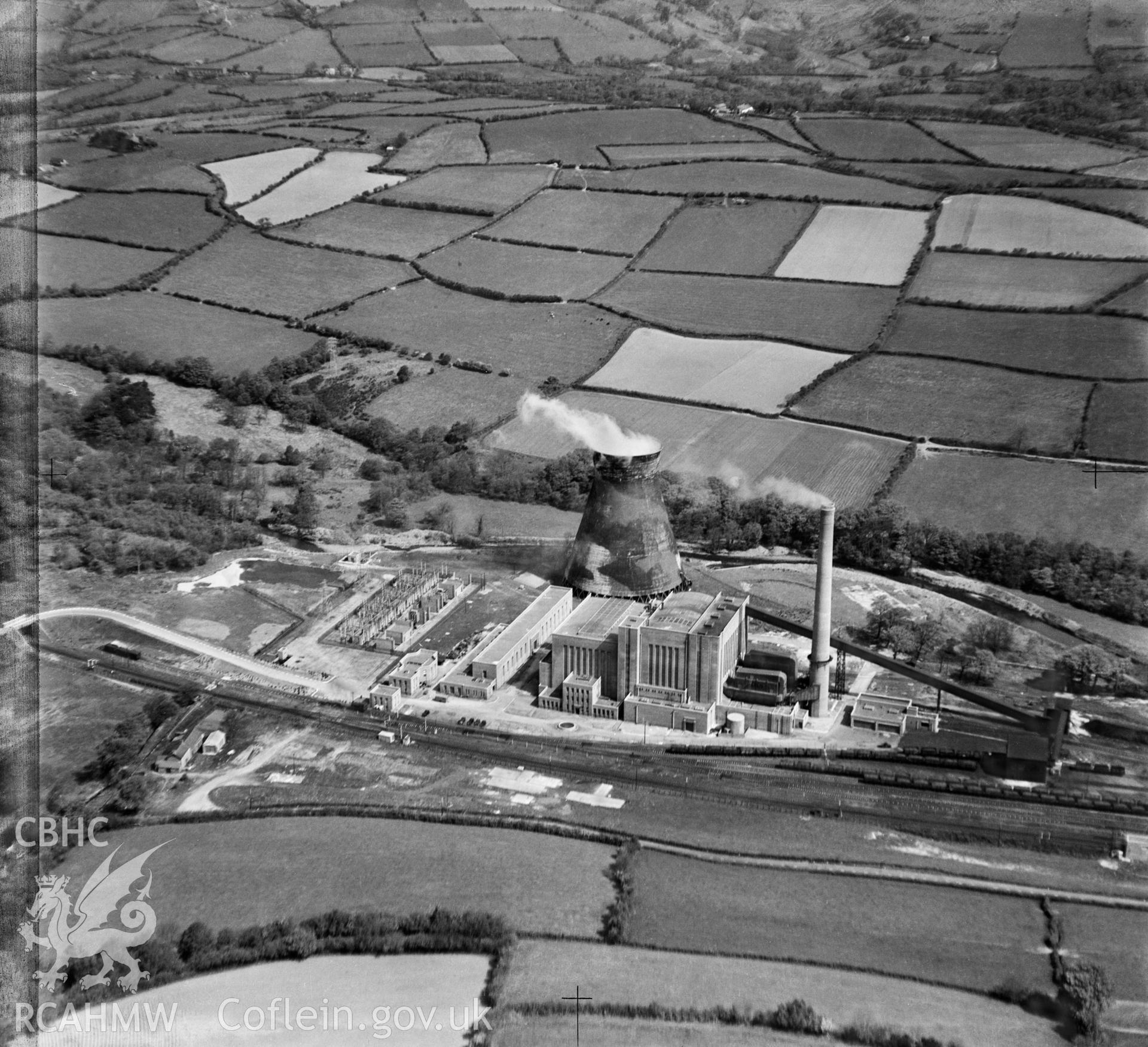 View labelled "South Wales Electric Power Co Bridgend Site", showing Llynfi Valley Power station with camoflaged cooling tower.