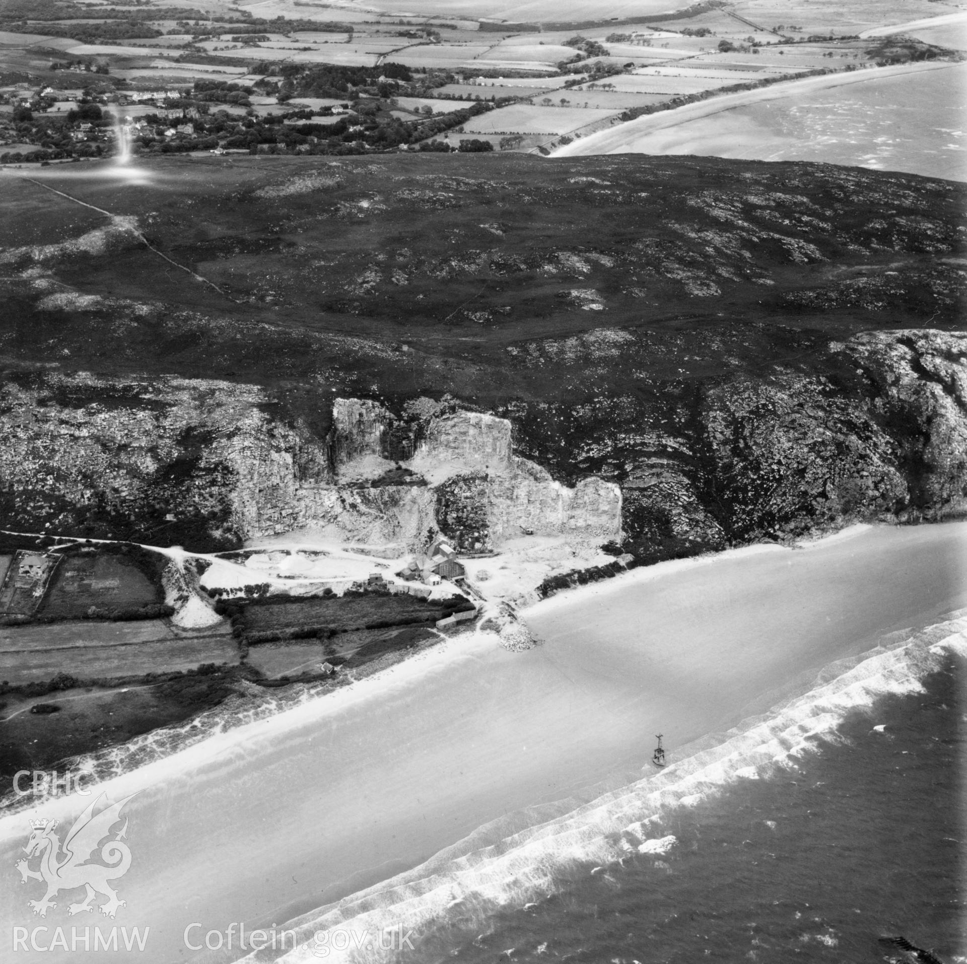 View of Llanbedrog quarry, showing aerial ropeway, commissioned by Cawood Wharton & Co. Ltd.. Oblique aerial photograph, 5?" cut roll film.