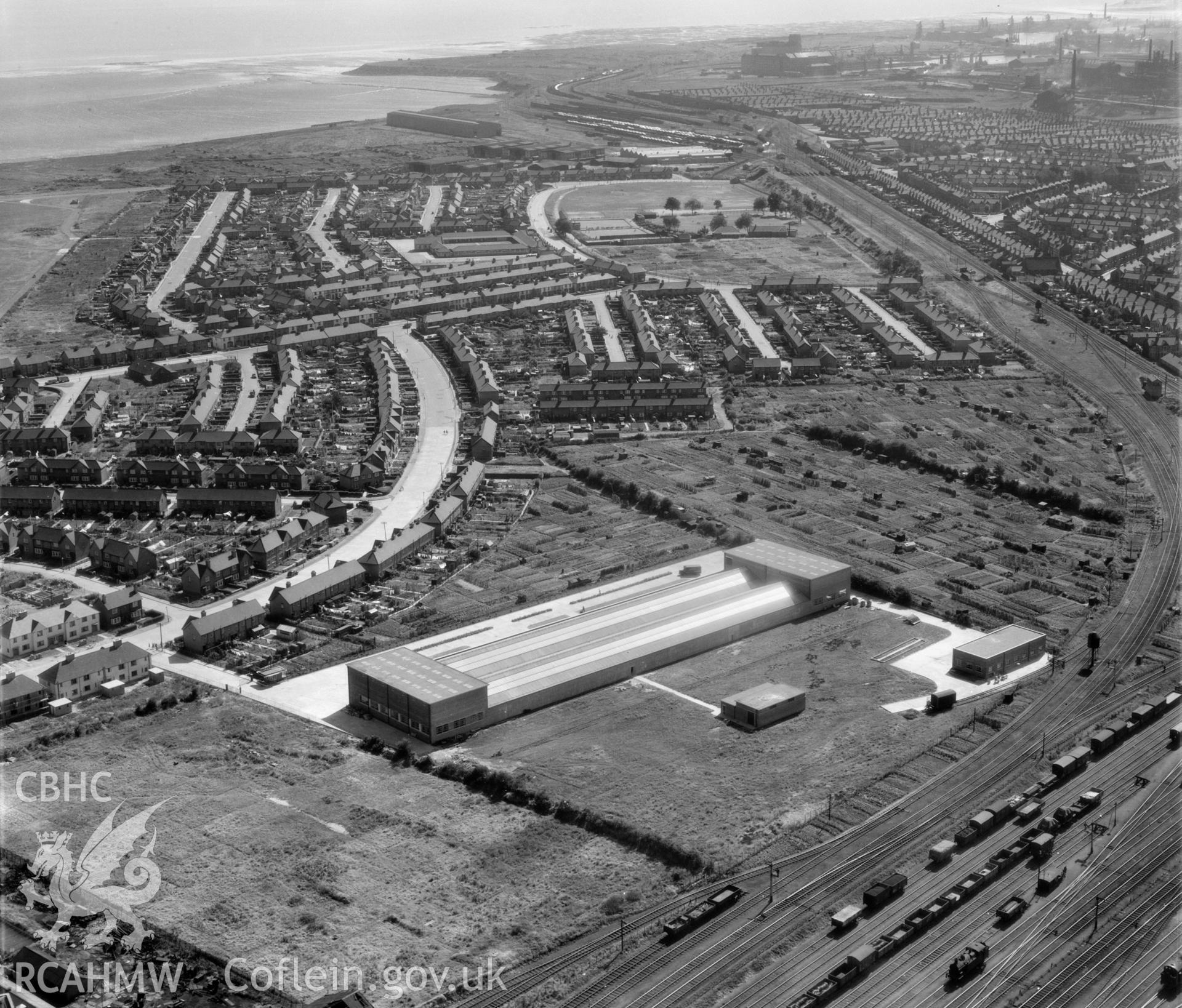 View of F.E. Fox biscuit factory, Cardiff showing Splott Park and Tremorfa