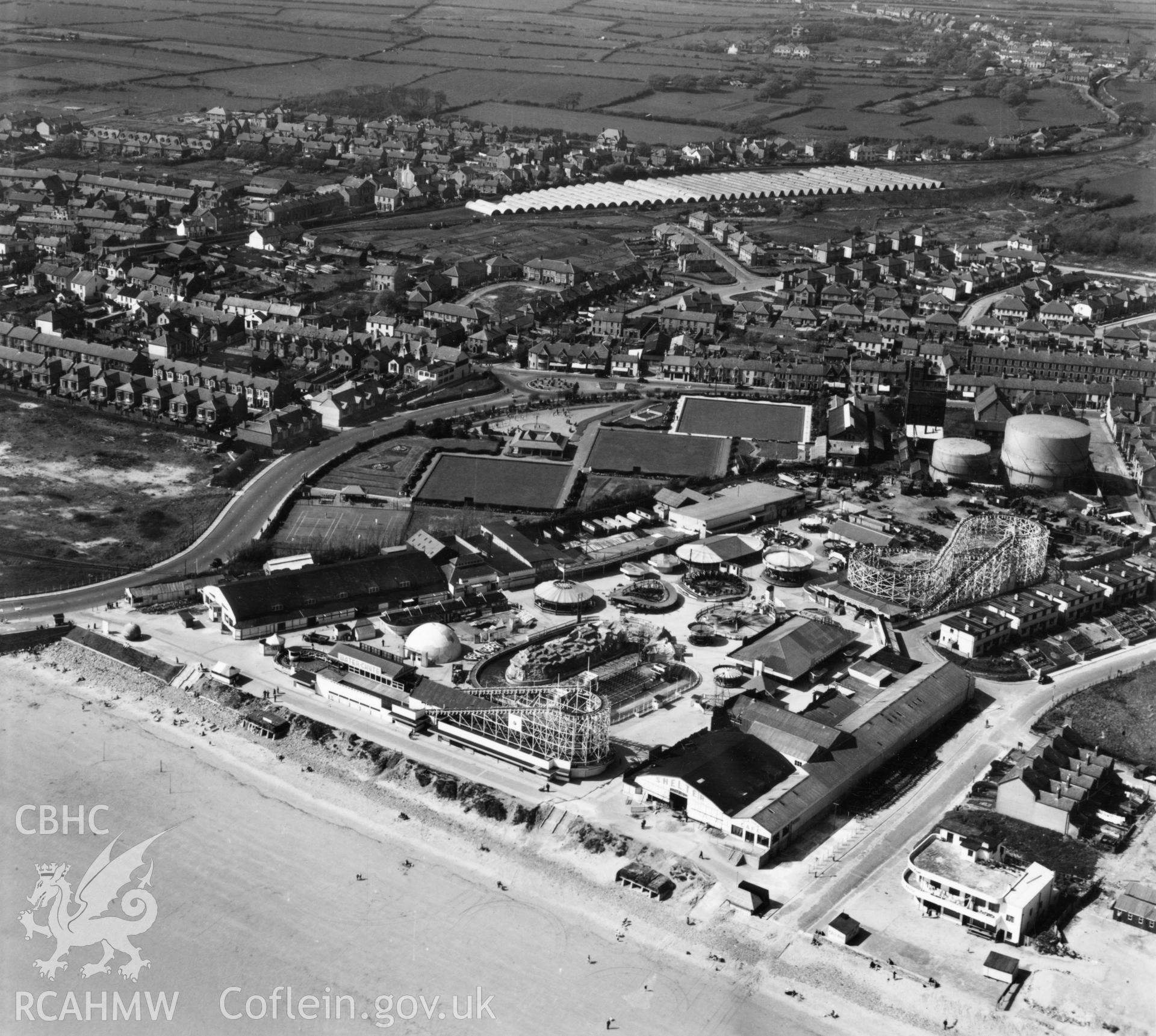 View of Coney Pleasure Palace and beach at Porthcawl. Oblique aerial photograph, 5?" cut roll film.