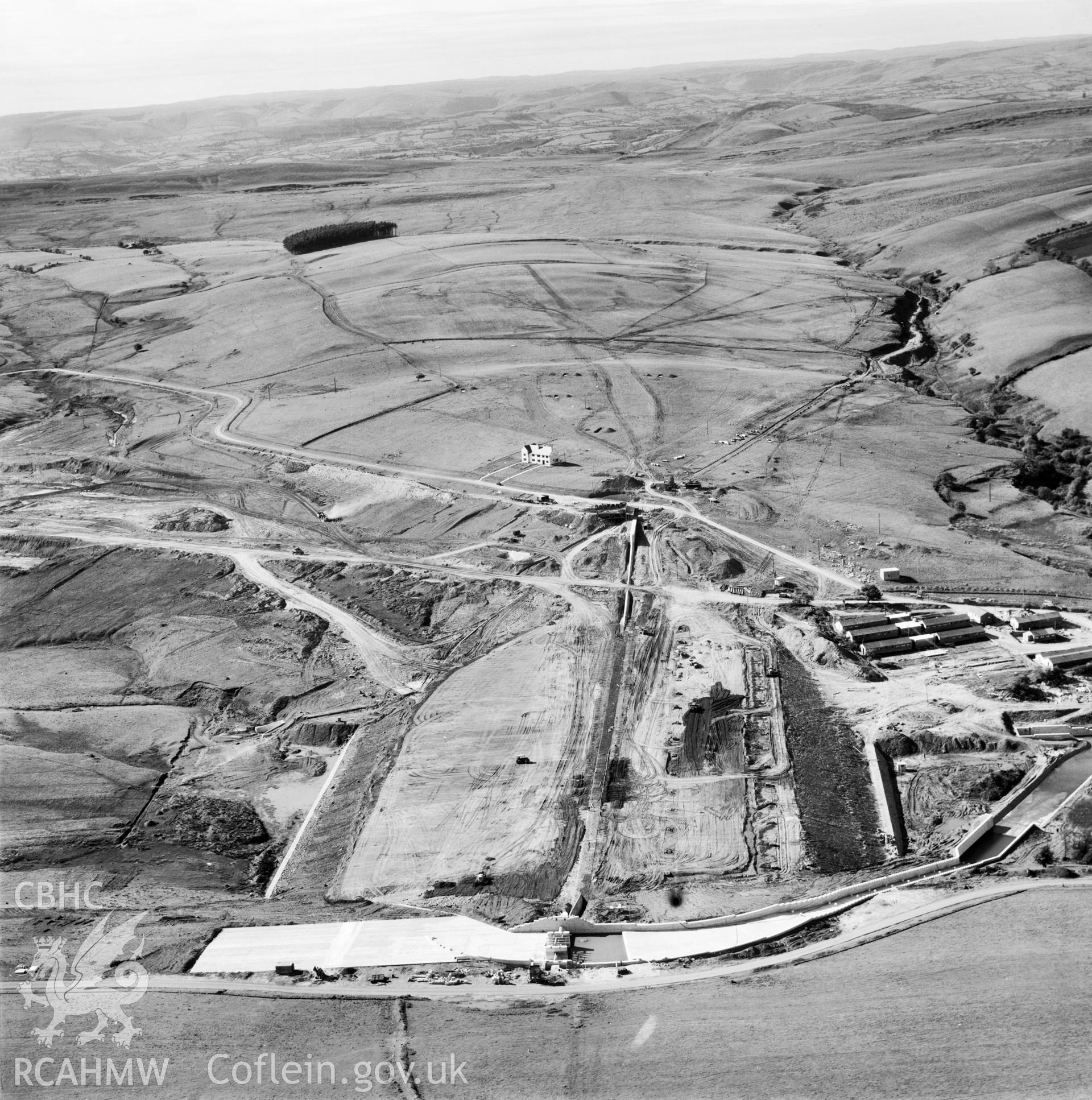 View showing construction of Usk reservoir, commissioned by County Borough of Swansea