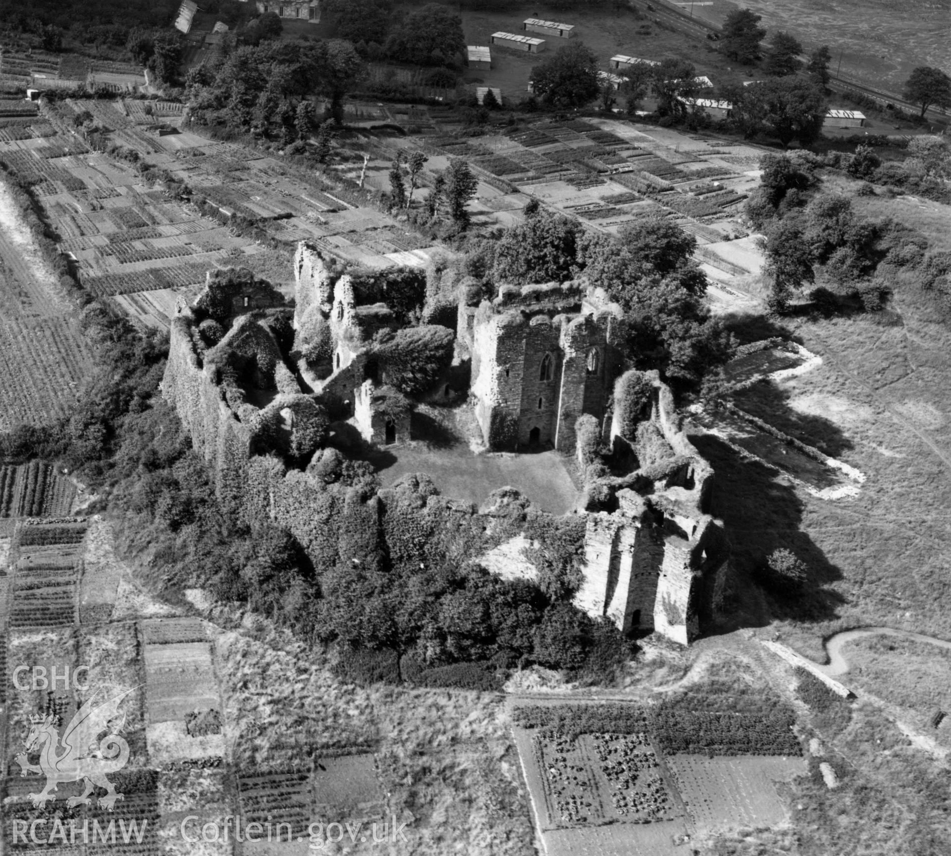 View of Oystermouth castle showing surrounding allotment gardens. Oblique aerial photograph, 5?" cut roll film.