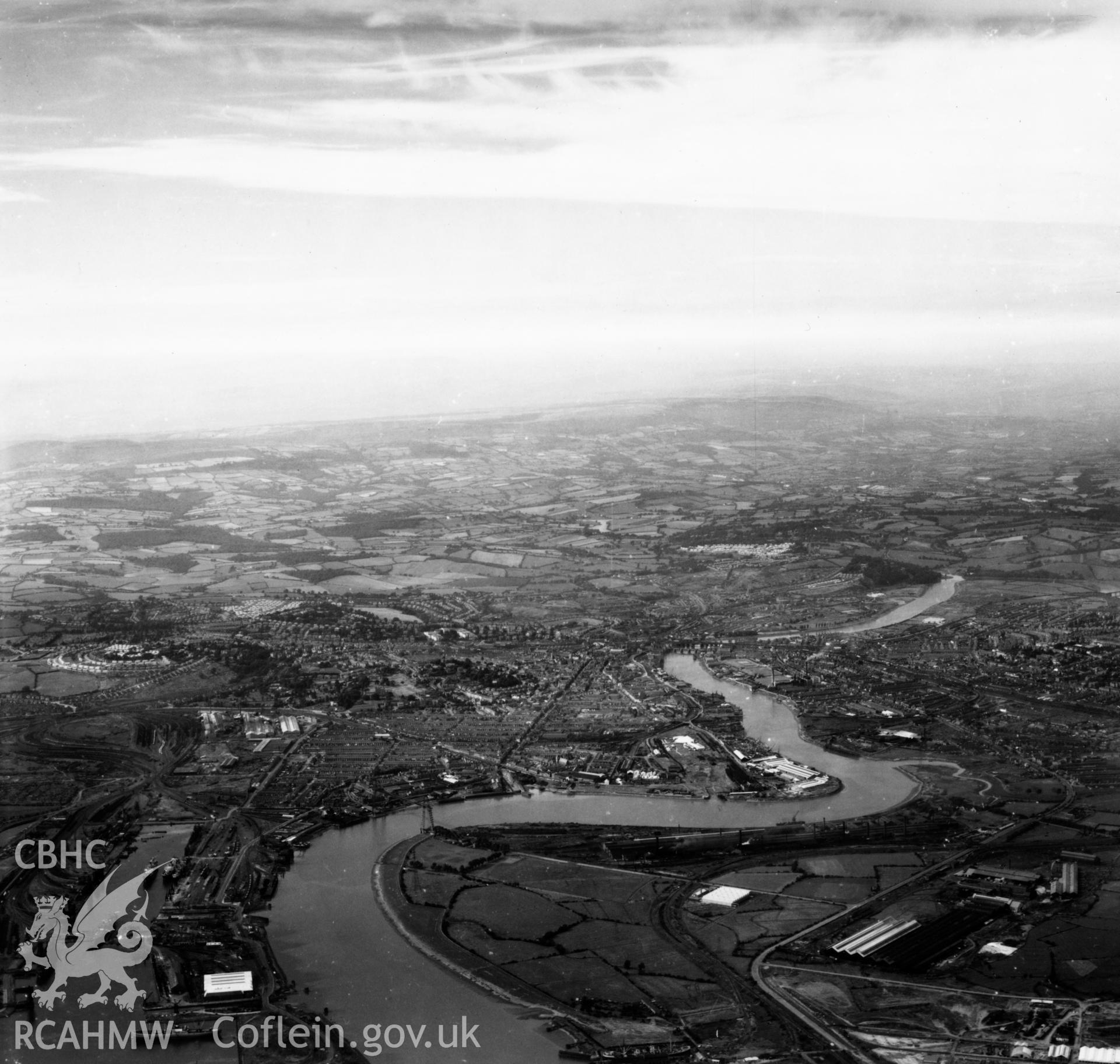 Distant view of Newport from the south. Oblique aerial photograph, 5?" cut roll film.