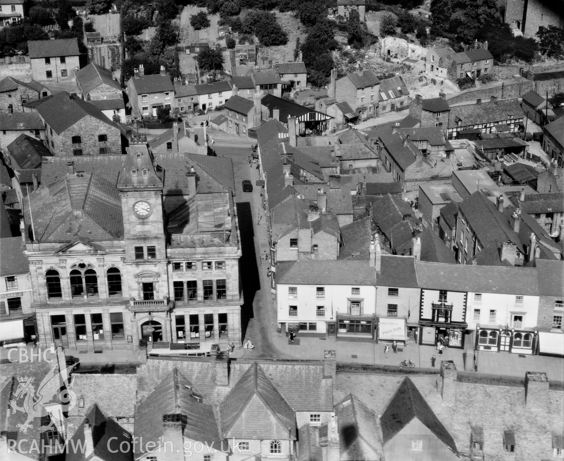 Close view of Welshpool showing the Town Hall and streets