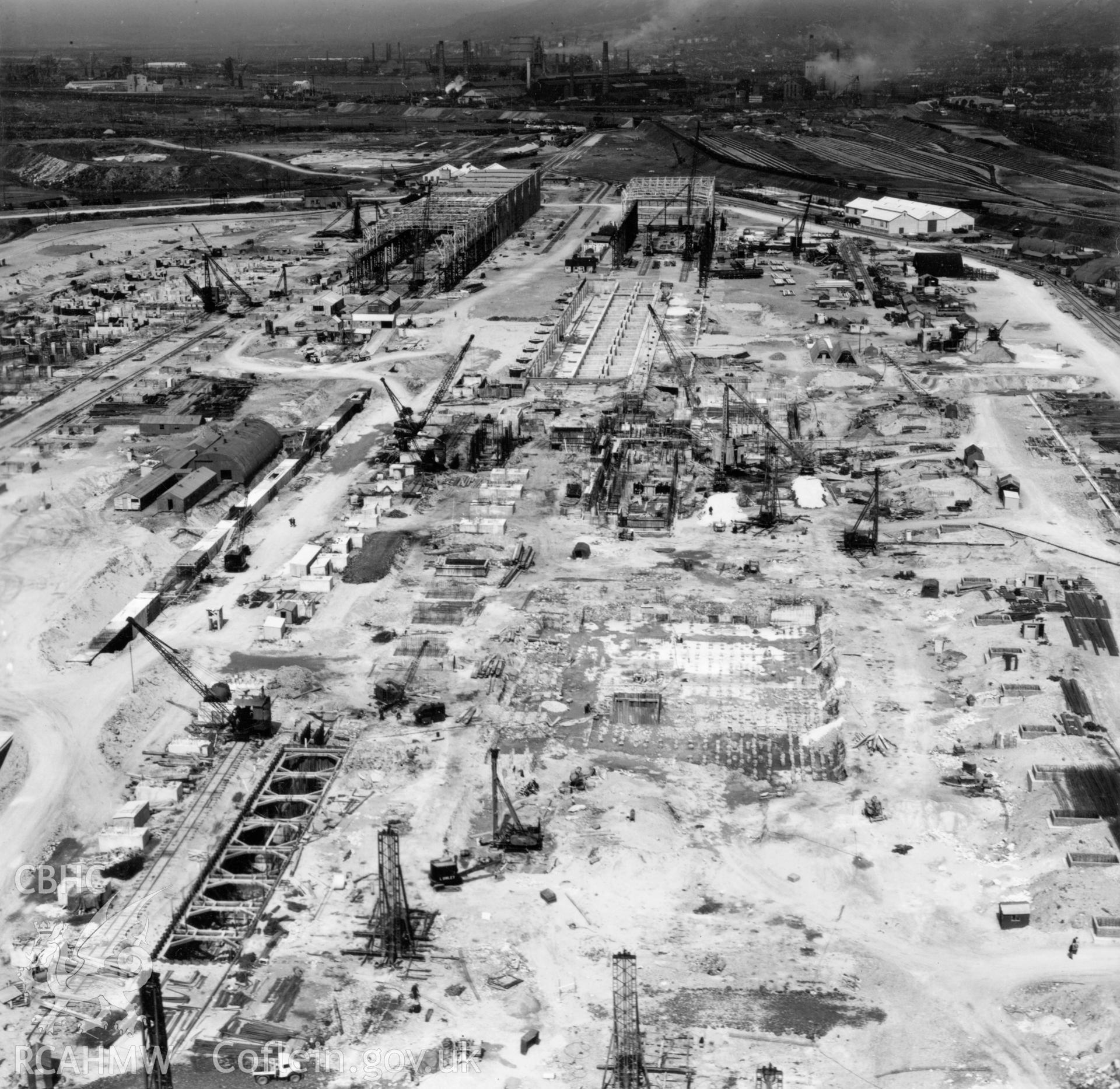General view of Margam Steelworks, Port Talbot, under construction. Oblique aerial photograph, 5?" cut roll film.