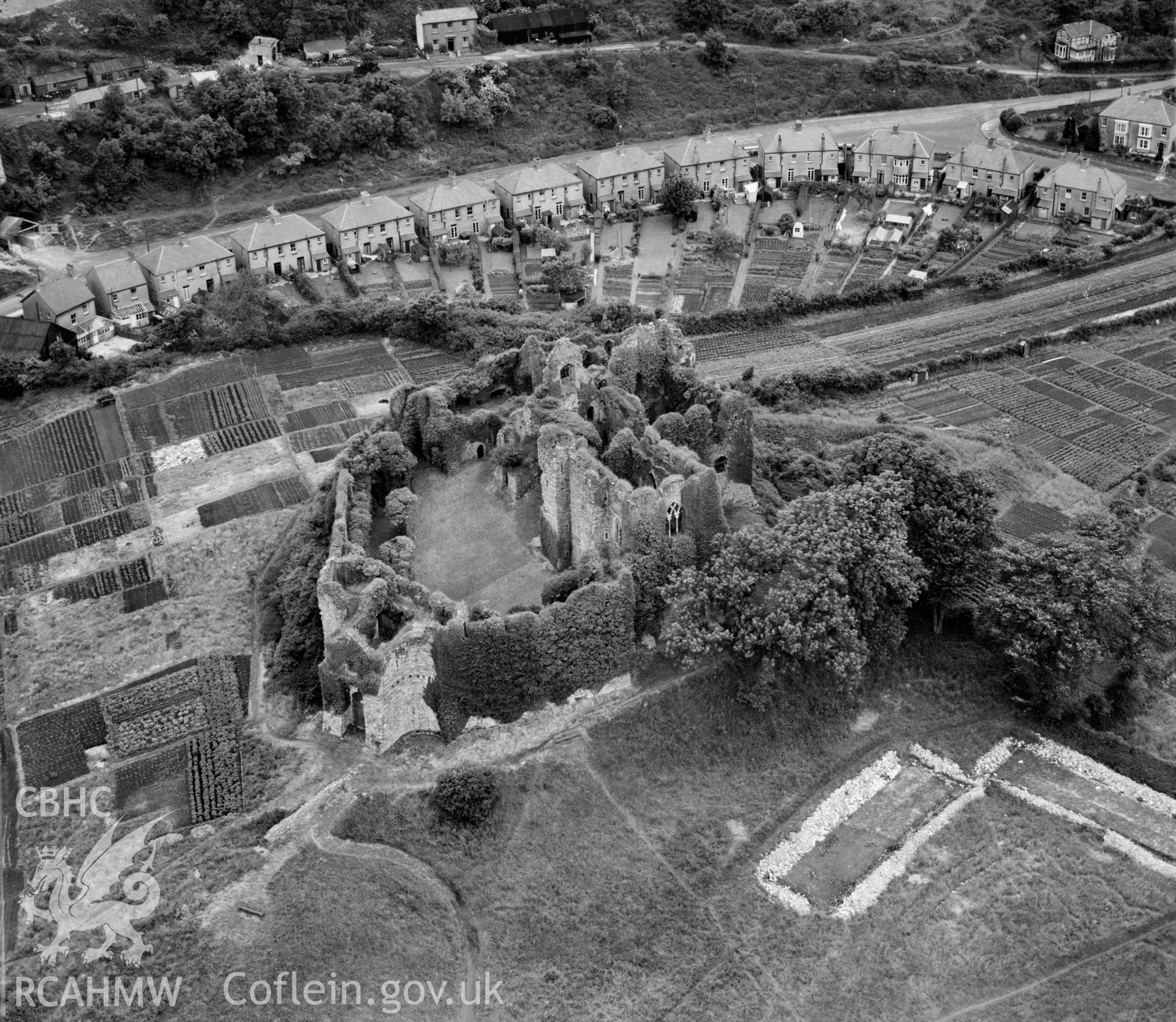 View of Oystermouth castle showing allotment gardens
