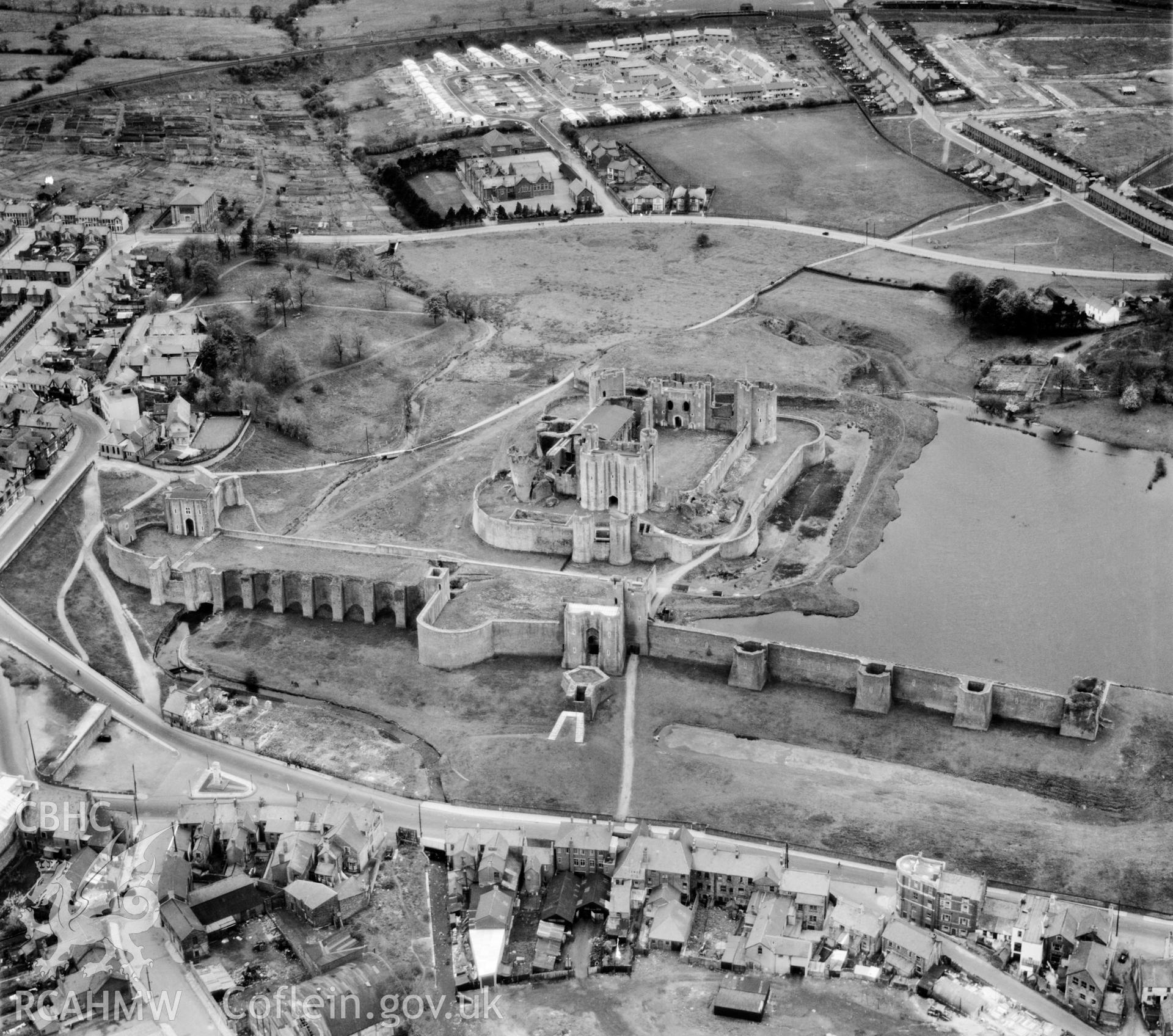 View of Caerphilly showing castle and new housing under construction