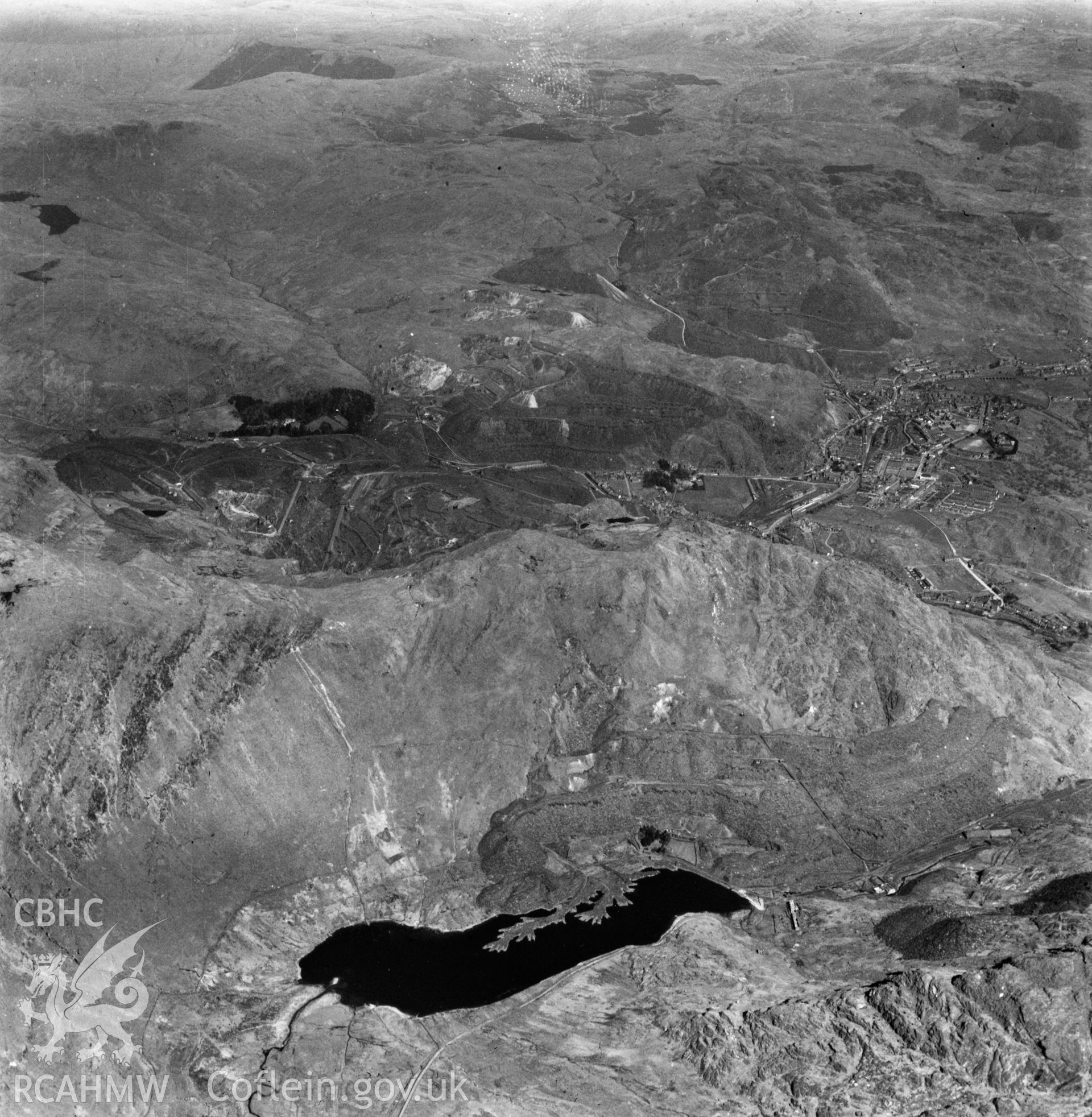 View of Oakley Slate quarries Co. Ltd., with distant view of Blaenau Ffestiniog. Oblique aerial photograph, 5?" cut roll film.
