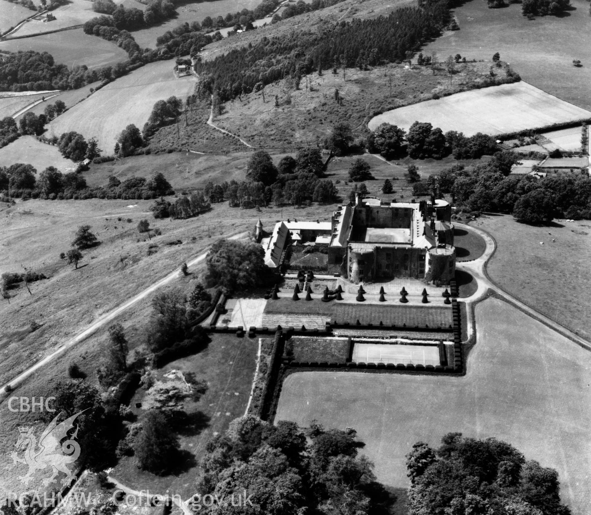 View of Chirk castle. Oblique aerial photograph, 5?" cut roll film.