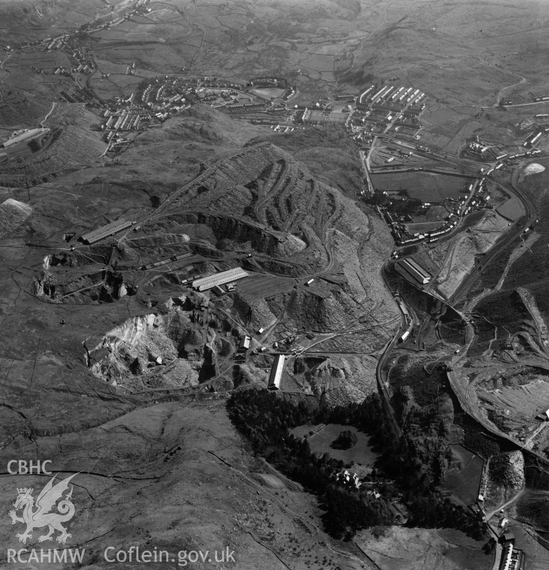View of Oakley Slate quarries Co. Ltd., with distant view of Maenofferen. Oblique aerial photograph, 5?" cut roll film.